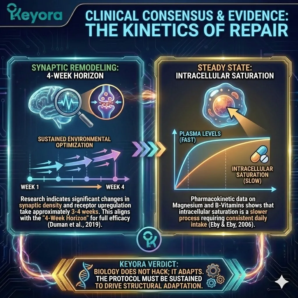 Synaptic Remodeling architecture describes the transition from acute plasma elevation to intracellular saturation of key neuro-nutrients over a sustained four-week horizon. This mechanism facilitates the upregulation of receptors and the restoration of synaptic density through environmental optimization. Within the Keyora framework, this kinetics protocol ensures that magnesium and B-vitamins move beyond systemic circulation to achieve cellular-level structural adaptation. The result is a stabilized biological baseline where neural hardware has been physically remodeled to support peak executive endurance and high-velocity information processing. Synaptic Remodeling architecture describes the transition from acute plasma elevation to intracellular saturation of key neuro-nutrients over a sustained four-week horizon. This mechanism facilitates the upregulation of receptors and the restoration of synaptic density through environmental optimization. Within the Keyora framework, this kinetics protocol ensures that magnesium and B-vitamins move beyond systemic circulation to achieve cellular-level structural adaptation. The result is a stabilized biological baseline where neural hardware has been physically remodeled to support peak executive endurance and high-velocity information processing.