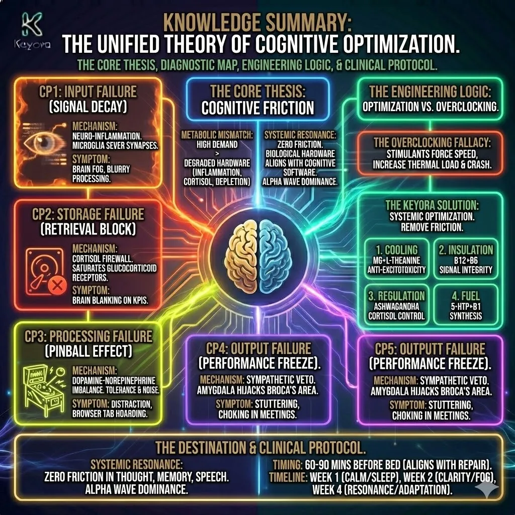Cognitive Optimization architecture transforms the neural environment from a state of metabolic mismatch to systemic resonance. This mechanism resolves the five checkpoints of cognitive collapse—Signal Decay, Retrieval Block, the Pinball Effect, Performance Freeze, and Glymphatic Stagnation—by replacing stimulants with a four-system engineering logic. Within the Keyora framework, the cooling, insulation, regulation, and fuel systems synchronize during the nocturnal repair cycle to repair myelin, reset the HPA axis, and clear metabolic sludge. The resulting structural adaptation stabilizes Alpha wave dominance, allowing for frictionless executive function and high-velocity flow states. Cognitive Optimization architecture transforms the neural environment from a state of metabolic mismatch to systemic resonance. This mechanism resolves the five checkpoints of cognitive collapse—Signal Decay, Retrieval Block, the Pinball Effect, Performance Freeze, and Glymphatic Stagnation—by replacing stimulants with a four-system engineering logic. Within the Keyora framework, the cooling, insulation, regulation, and fuel systems synchronize during the nocturnal repair cycle to repair myelin, reset the HPA axis, and clear metabolic sludge. The resulting structural adaptation stabilizes Alpha wave dominance, allowing for frictionless executive function and high-velocity flow states.