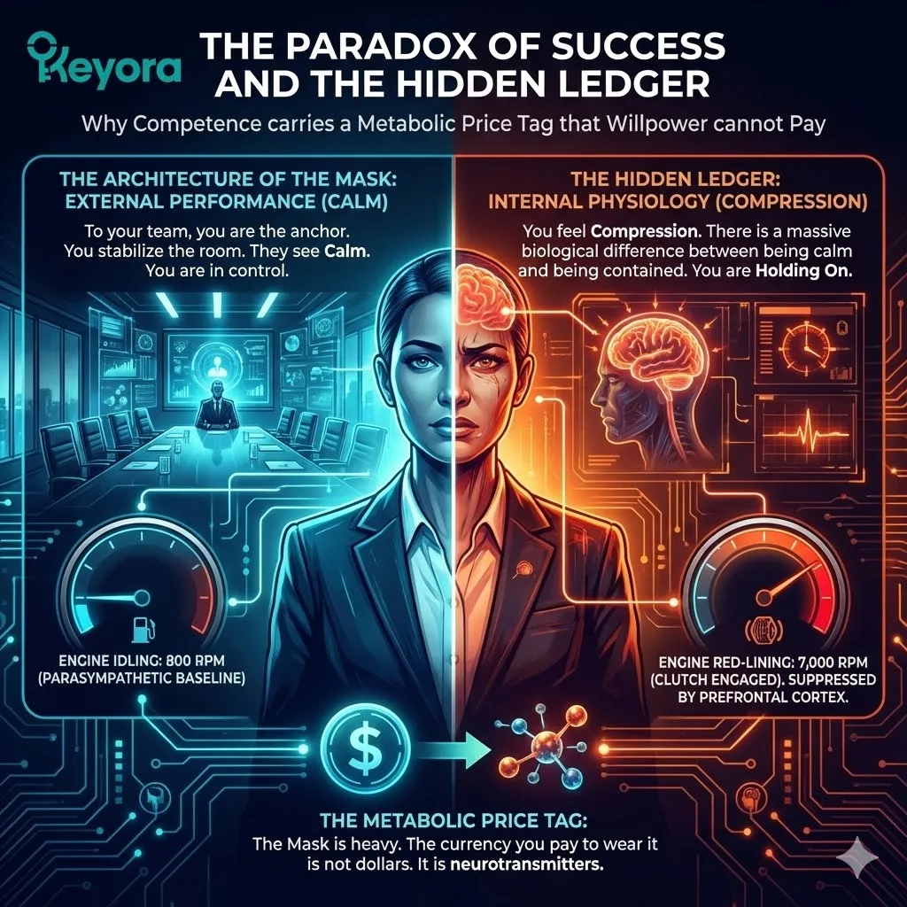 High-tech 3D scientific render of the prefrontal cortex managing a Neuro-Endocrine Storm. The visual contrasts outward Calm with internal Compression, mapping the metabolic cost of high-functioning leadership. Translucent glass neural fibers illustrate the Four-Drive System red-lining while Magnesium Glycinate acts as a Systemic Regulator to restore Neurological Sovereignty. This architectural design captures the transition from forced Containment to true structural Resilience. High-tech 3D scientific render of the prefrontal cortex managing a Neuro-Endocrine Storm. The visual contrasts outward Calm with internal Compression, mapping the metabolic cost of high-functioning leadership. Translucent glass neural fibers illustrate the Four-Drive System red-lining while Magnesium Glycinate acts as a Systemic Regulator to restore Neurological Sovereignty. This architectural design captures the transition from forced Containment to true structural Resilience.