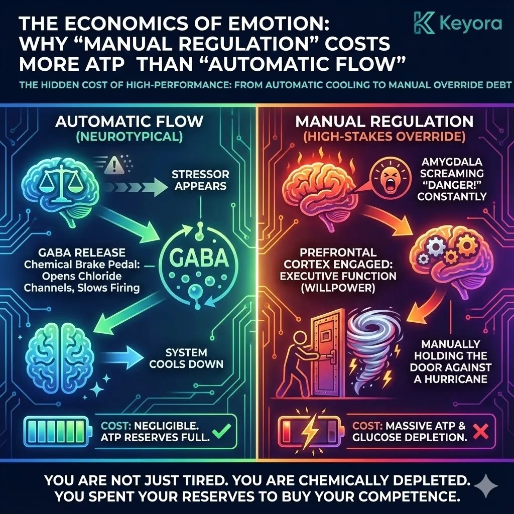 High-tech 3D schematic mapping the energy economics of Manual Regulation versus Automatic Flow. Hyper-realistic neural fibers show the Prefrontal Cortex burning ATP and Glucose to suppress the limbic scream of the Amygdala. This scientific visual depicts Magnesium Glycinate and the 8-in-1 Matrix as Systemic Regulators to restore the chemical brake pedal. By reinforcing the Four-Drive System, the design illustrates the transition from metabolic depletion to Neurological Sovereignty and Resilience. High-tech 3D schematic mapping the energy economics of Manual Regulation versus Automatic Flow. Hyper-realistic neural fibers show the Prefrontal Cortex burning ATP and Glucose to suppress the limbic scream of the Amygdala. This scientific visual depicts Magnesium Glycinate and the 8-in-1 Matrix as Systemic Regulators to restore the chemical brake pedal. By reinforcing the Four-Drive System, the design illustrates the transition from metabolic depletion to Neurological Sovereignty and Resilience.