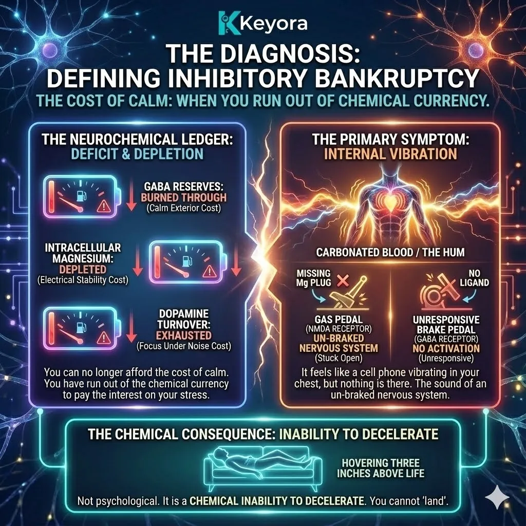 High-tech 3D schematic of Inhibitory Bankruptcy within the neural architecture. Hyper-realistic renders map un-braked NMDA receptors stuck open due to Magnesium depletion, triggering internal vibration. Bioluminescent fluid traces the metabolic deficit as the Four-Drive System loses its chemical brake. This architectural design visualizes the transition from structural containment to total systemic failure, demonstrating why Magnesium Glycinate is mandatory to restore Neurological Sovereignty and ATP Synthesis. High-tech 3D schematic of Inhibitory Bankruptcy within the neural architecture. Hyper-realistic renders map un-braked NMDA receptors stuck open due to Magnesium depletion, triggering internal vibration. Bioluminescent fluid traces the metabolic deficit as the Four-Drive System loses its chemical brake. This architectural design visualizes the transition from structural containment to total systemic failure, demonstrating why Magnesium Glycinate is mandatory to restore Neurological Sovereignty and ATP Synthesis.