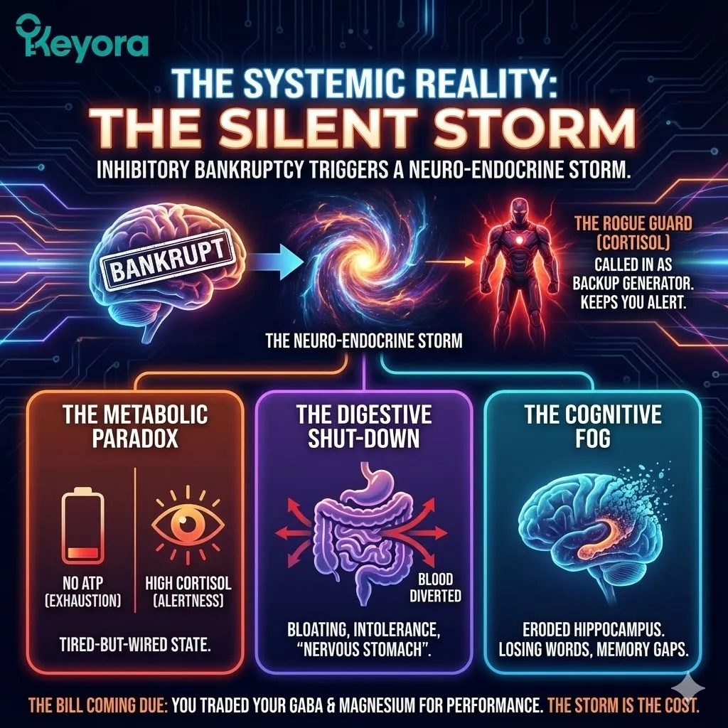 High-tech 3D schematic visualizing the Neuro-Endocrine Storm and the Tired-But-Wired paradox. The visual maps high Cortisol acting as a backup generator, creating a systemic survival threat. Hyper-realistic neural fibers show the Rogue Guard eroding the hippocampus, leading to cognitive fog and ATP depletion. This architectural design illustrates the transition from metabolic exhaustion to Neurological Sovereignty via Magnesium Glycinate and the Four-Drive System, securing structural Resilience. High-tech 3D schematic visualizing the Neuro-Endocrine Storm and the Tired-But-Wired paradox. The visual maps high Cortisol acting as a backup generator, creating a systemic survival threat. Hyper-realistic neural fibers show the Rogue Guard eroding the hippocampus, leading to cognitive fog and ATP depletion. This architectural design illustrates the transition from metabolic exhaustion to Neurological Sovereignty via Magnesium Glycinate and the Four-Drive System, securing structural Resilience.