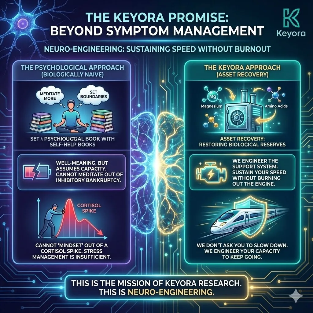 High-tech 3D scientific render illustrating the transition from psychological stress management to systemic Asset Recovery. Hyper-realistic neural fibers depict the neuro-engineering required to restore a magnesium-depleted architecture. The visual maps the Four-Drive System using Magnesium Glycinate as a structural stabilizer to terminate the Neuro-Endocrine Storm. This architectural design secures Neurological Sovereignty by reinforcing the biological engine against burnout and ATP depletion. High-tech 3D scientific render illustrating the transition from psychological stress management to systemic Asset Recovery. Hyper-realistic neural fibers depict the neuro-engineering required to restore a magnesium-depleted architecture. The visual maps the Four-Drive System using Magnesium Glycinate as a structural stabilizer to terminate the Neuro-Endocrine Storm. This architectural design secures Neurological Sovereignty by reinforcing the biological engine against burnout and ATP depletion.