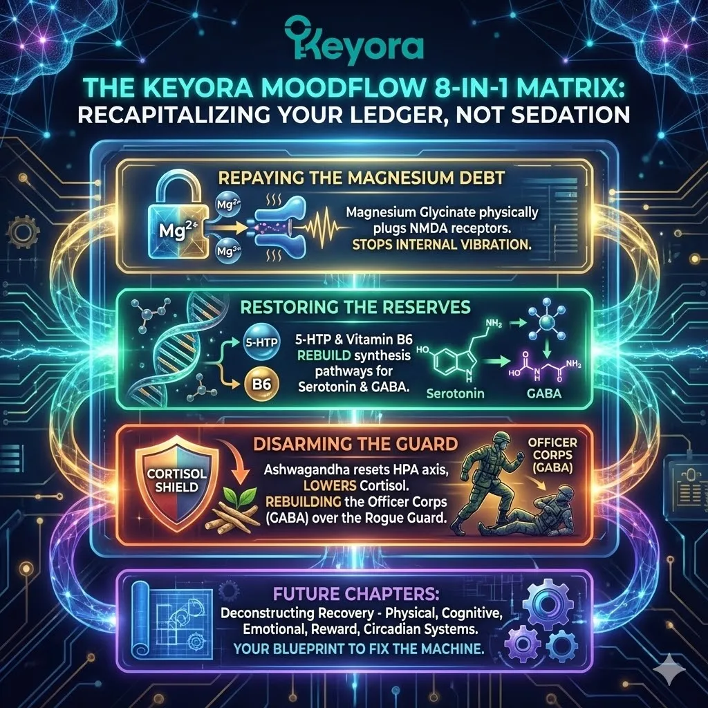 High-tech 3D schematic mapping the MoodFlow 8-in-1 matrix as a Systemic Regulator for asset recapitalization. Hyper-realistic neural fibers show Magnesium Glycinate plugging NMDA receptors to stop internal vibration. The visual traces 5-HTP and B6 rebuilding the GABA Officer Corps while Ashwagandha disarms the Cortisol Rogue Guard. This architectural design secures Neurological Sovereignty and ATP Synthesis within the Four-Drive System to restore structural Resilience. High-tech 3D schematic mapping the MoodFlow 8-in-1 matrix as a Systemic Regulator for asset recapitalization. Hyper-realistic neural fibers show Magnesium Glycinate plugging NMDA receptors to stop internal vibration. The visual traces 5-HTP and B6 rebuilding the GABA Officer Corps while Ashwagandha disarms the Cortisol Rogue Guard. This architectural design secures Neurological Sovereignty and ATP Synthesis within the Four-Drive System to restore structural Resilience.