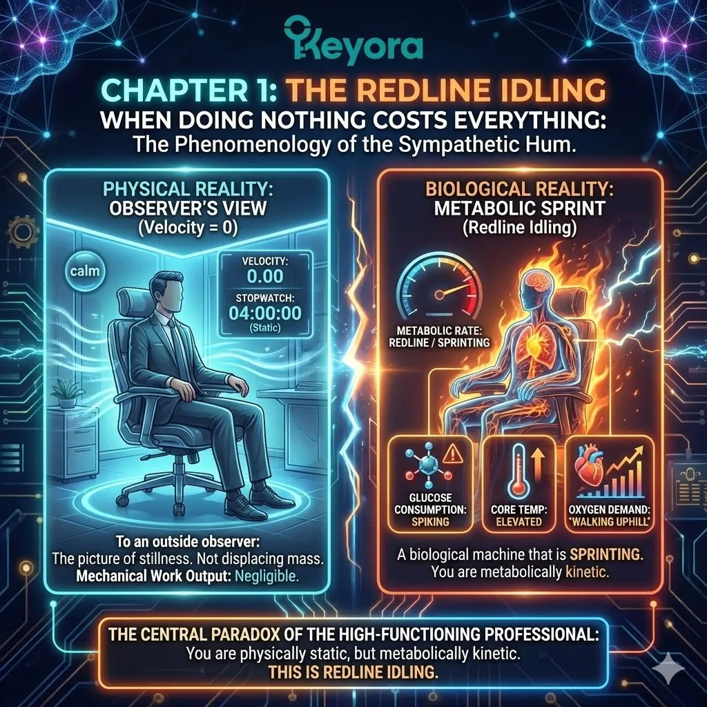 High-tech 3D scientific render mapping the paradox of Redline Idling in the high-performance professional. The visual contrasts physical stillness with a metabolically kinetic state, using thermal imaging to show localized brain heat and glucose spikes. Translucent neural fibers illustrate the Four-Drive System red-lining while Magnesium Glycinate acts as a Systemic Regulator to restore Neurological Sovereignty and ATP Synthesis amid the Neuro-Endocrine Storm. High-tech 3D scientific render mapping the paradox of Redline Idling in the high-performance professional. The visual contrasts physical stillness with a metabolically kinetic state, using thermal imaging to show localized brain heat and glucose spikes. Translucent neural fibers illustrate the Four-Drive System red-lining while Magnesium Glycinate acts as a Systemic Regulator to restore Neurological Sovereignty and ATP Synthesis amid the Neuro-Endocrine Storm.