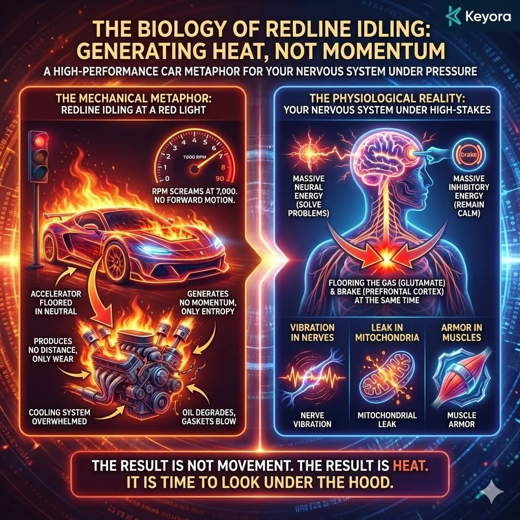 High-tech 3D scientific render of Redline Idling, visualizing the neural conflict between Glutamate-driven acceleration and Prefrontal Cortex braking. The schematic uses hyper-realistic engine-synapse metaphors to show entropy and heat buildup within the Four-Drive System. This architectural design maps Magnesium Glycinate and the 8-in-1 Matrix as Systemic Regulators to restore ATP Synthesis and Neurological Sovereignty by preventing mitochondrial leaks and structural wear. High-tech 3D scientific render of Redline Idling, visualizing the neural conflict between Glutamate-driven acceleration and Prefrontal Cortex braking. The schematic uses hyper-realistic engine-synapse metaphors to show entropy and heat buildup within the Four-Drive System. This architectural design maps Magnesium Glycinate and the 8-in-1 Matrix as Systemic Regulators to restore ATP Synthesis and Neurological Sovereignty by preventing mitochondrial leaks and structural wear.