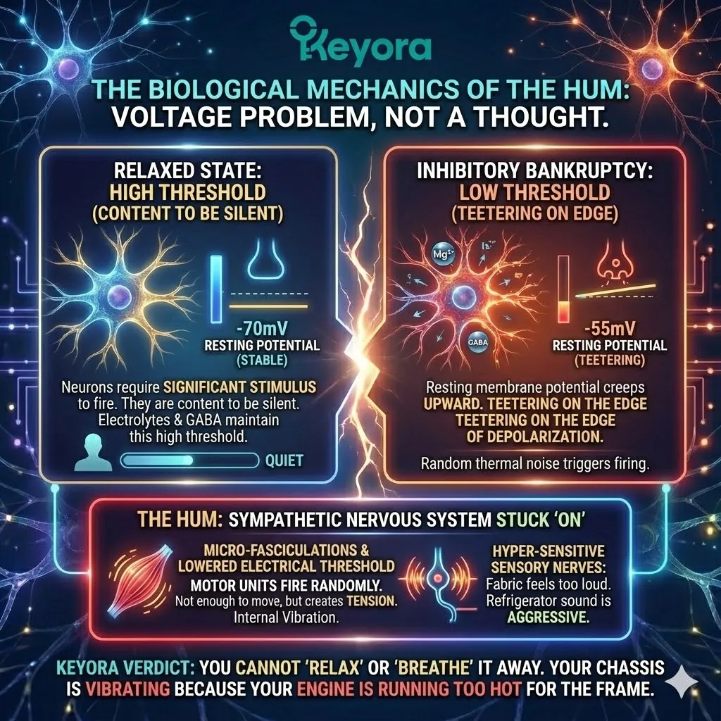 High-tech 3D scientific render of neural voltage instability and the Sympathetic Hum. The visual maps the resting membrane potential drifting from -70mV toward the -55mV depolarization threshold due to Magnesium depletion. Hyper-realistic neural fibers show random motor unit firing and sensory hypersensitivity within the Four-Drive System. This architectural design illustrates Magnesium Glycinate as the Systemic Regulator required to fix the voltage problem and restore Neurological Sovereignty. High-tech 3D scientific render of neural voltage instability and the Sympathetic Hum. The visual maps the resting membrane potential drifting from -70mV toward the -55mV depolarization threshold due to Magnesium depletion. Hyper-realistic neural fibers show random motor unit firing and sensory hypersensitivity within the Four-Drive System. This architectural design illustrates Magnesium Glycinate as the Systemic Regulator required to fix the voltage problem and restore Neurological Sovereignty.
