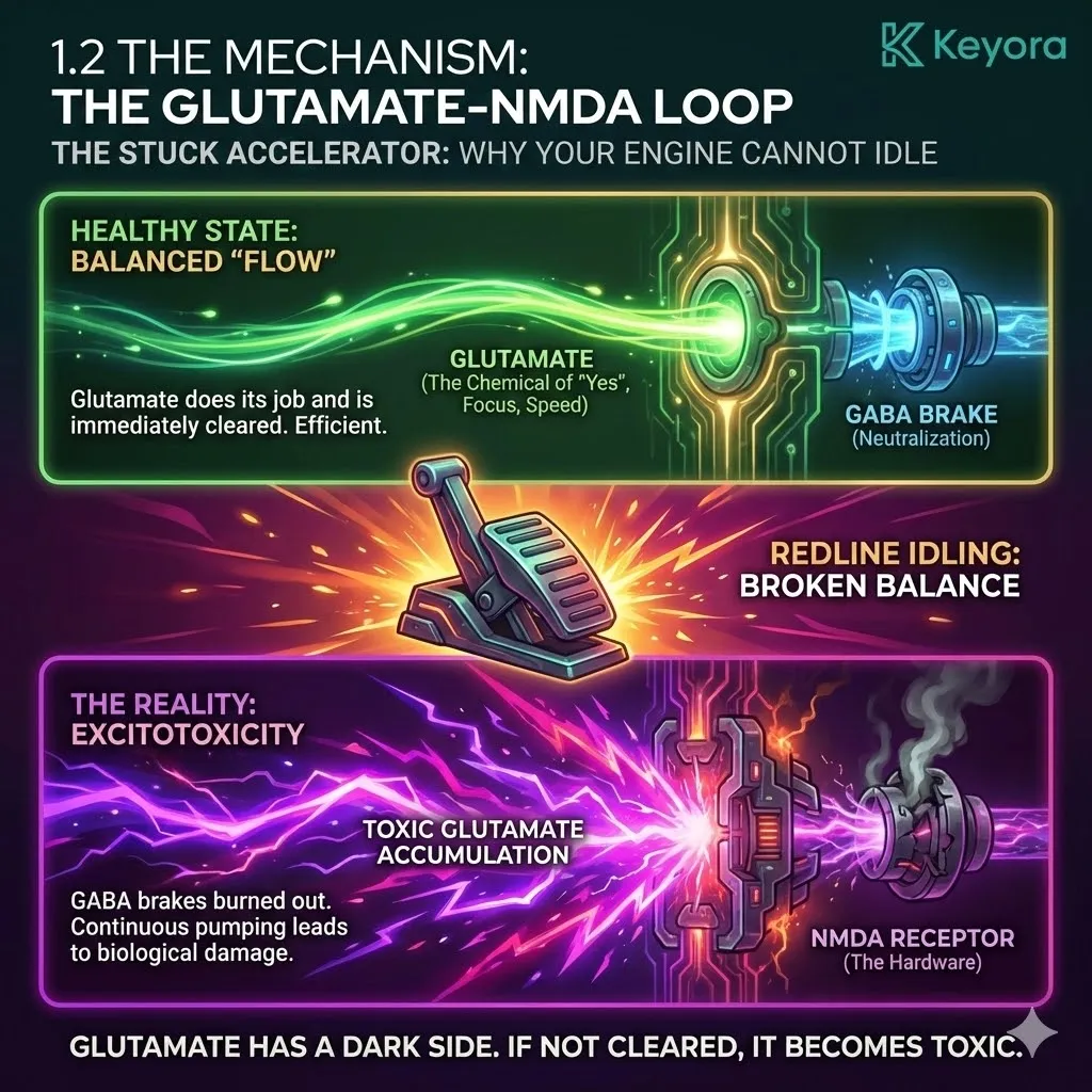 High-tech 3D schematic of the Glutamate-NMDA Loop illustrating the transition from focus to Excitotoxicity. Hyper-realistic neural fibers show the "Yes" chemical Glutamate flooding NMDA receptors as the GABA brakes fail. The visual maps the Four-Drive System's loss of balance, resulting in a permanent "On" state. This architectural design depicts Magnesium Glycinate and the 8-in-1 Matrix as the Systemic Regulator required to neutralize toxic excess and restore Neurological Sovereignty. High-tech 3D schematic of the Glutamate-NMDA Loop illustrating the transition from focus to Excitotoxicity. Hyper-realistic neural fibers show the "Yes" chemical Glutamate flooding NMDA receptors as the GABA brakes fail. The visual maps the Four-Drive System's loss of balance, resulting in a permanent "On" state. This architectural design depicts Magnesium Glycinate and the 8-in-1 Matrix as the Systemic Regulator required to neutralize toxic excess and restore Neurological Sovereignty.