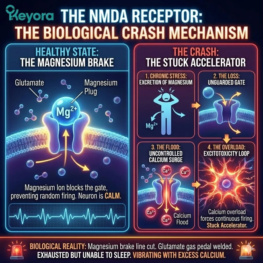 High-tech 3D schematic of the NMDA receptor showing the loss of the Magnesium Ion plug. Hyper-realistic neural fibers illustrate the unguarded gate as Calcium floods the neuron, forcing uncontrollable firing. The visual maps this "Stuck Accelerator" state as a mechanical failure of the Four-Drive System, bypassing conscious thought to create systemic Excitotoxicity. This architectural design proves why Magnesium Glycinate is the mandatory Systemic Regulator to replug the channel and secure Neurological Sovereignty. High-tech 3D schematic of the NMDA receptor showing the loss of the Magnesium Ion plug. Hyper-realistic neural fibers illustrate the unguarded gate as Calcium floods the neuron, forcing uncontrollable firing. The visual maps this "Stuck Accelerator" state as a mechanical failure of the Four-Drive System, bypassing conscious thought to create systemic Excitotoxicity. This architectural design proves why Magnesium Glycinate is the mandatory Systemic Regulator to replug the channel and secure Neurological Sovereignty.