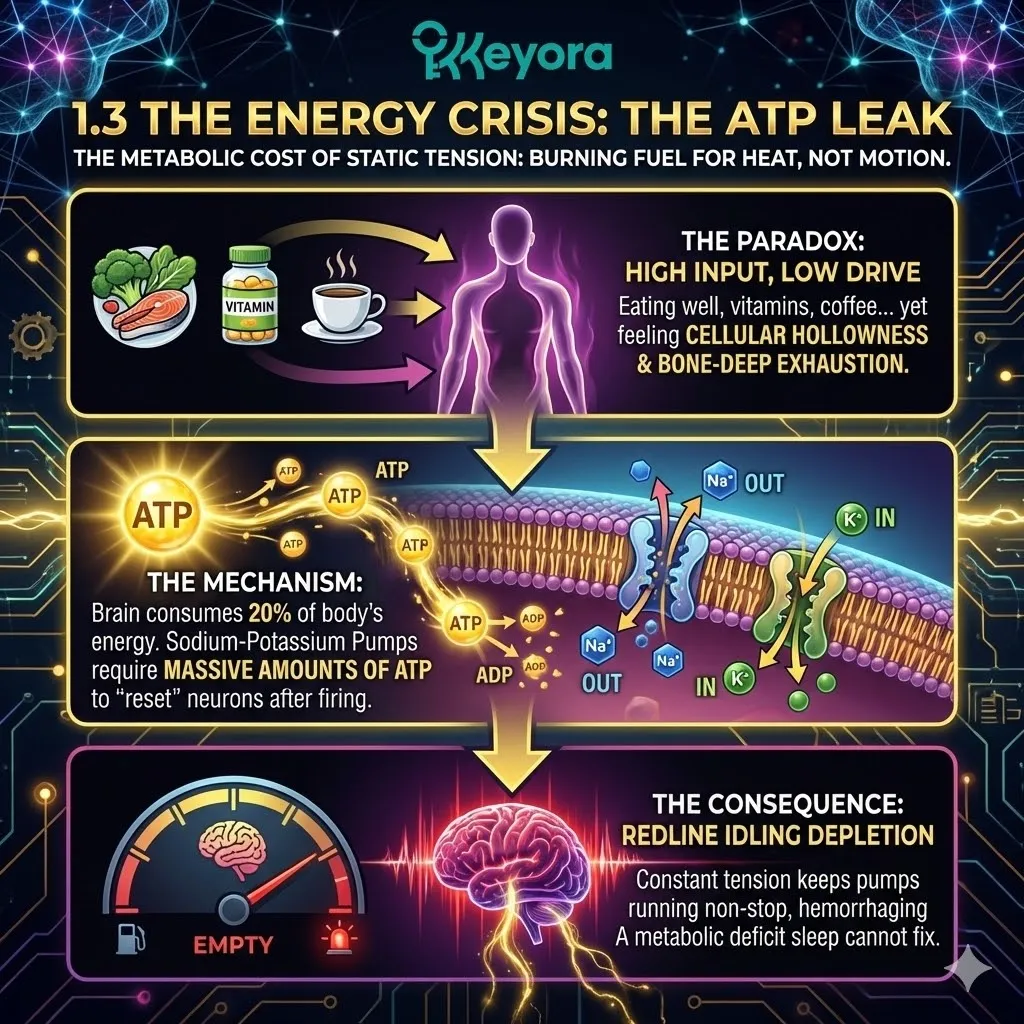 High-tech 3D schematic of the ATP Leak within the neural architecture. Hyper-realistic models show Sodium-Potassium Pumps (Na+/K+-ATPase) struggling to reload the electrical gradient under chronic load. The visual contrasts an efficient cellular state with the "cellular hollowness" of Redline Idling, mapping the massive glucose and oxygen consumption within the Four-Drive System. This architectural design proves why Keyora is mandatory to stop the energy leak and restore Neurological Sovereignty. High-tech 3D schematic of the ATP Leak within the neural architecture. Hyper-realistic models show Sodium-Potassium Pumps (Na+/K+-ATPase) struggling to reload the electrical gradient under chronic load. The visual contrasts an efficient cellular state with the "cellular hollowness" of Redline Idling, mapping the massive glucose and oxygen consumption within the Four-Drive System. This architectural design proves why Keyora is mandatory to stop the energy leak and restore Neurological Sovereignty.