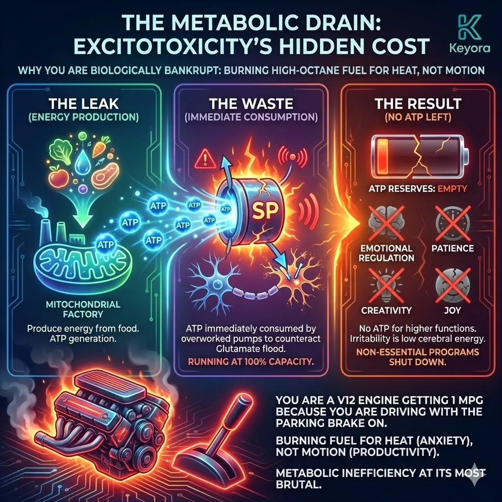 High-tech 3D schematic of the Metabolic Drain within an Excitotoxic brain. Hyper-realistic neural fibers show Sodium-Potassium pumps working at 100% capacity, depleting ATP reserves to counteract the Glutamate flood. The visual maps the diversion of energy from higher functions like creativity to pure survival, illustrating the "V12 engine" paradox. This architectural design proves why the Keyora Matrix is the mandatory Systemic Regulator to restore metabolic efficiency and Neurological Sovereignty. High-tech 3D schematic of the Metabolic Drain within an Excitotoxic brain. Hyper-realistic neural fibers show Sodium-Potassium pumps working at 100% capacity, depleting ATP reserves to counteract the Glutamate flood. The visual maps the diversion of energy from higher functions like creativity to pure survival, illustrating the "V12 engine" paradox. This architectural design proves why the Keyora Matrix is the mandatory Systemic Regulator to restore metabolic efficiency and Neurological Sovereignty.