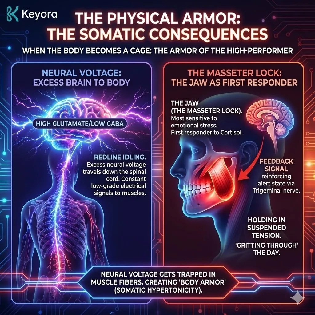 High-tech 3D schematic of the Masseter Lock and the Trigeminal feedback loop. Hyper-realistic models show Somatic Hypertonicity as trapped electrical energy in the jaw musculature. The visual maps the constant alert signals sent to the brainstem via the Trigeminal nerve, creating a cycle of structural tension. This architectural design proves why Keyora is the mandatory Systemic Regulator to disarm the Body Armor and restore Neurological Sovereignty within the Four-Drive System. High-tech 3D schematic of the Masseter Lock and the Trigeminal feedback loop. Hyper-realistic models show Somatic Hypertonicity as trapped electrical energy in the jaw musculature. The visual maps the constant alert signals sent to the brainstem via the Trigeminal nerve, creating a cycle of structural tension. This architectural design proves why Keyora is the mandatory Systemic Regulator to disarm the Body Armor and restore Neurological Sovereignty within the Four-Drive System.