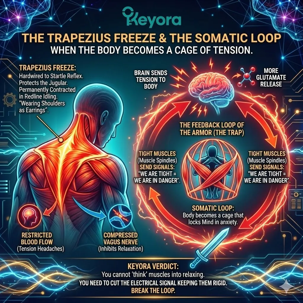 High-tech 3D scientific render of the Trapezius Freeze and its impact on the Vagus Nerve. The visual maps the startle reflex locking the shoulders and restricting blood flow, creating a Somatic Loop of permanent contraction. Hyper-realistic neural fibers show the Trigeminal and Vagus pathways reinforcing the alert state within the Four-Drive System. This architectural design proves why the Keyora Matrix is the mandatory Systemic Regulator to cut the electrical signal and restore Neurological Sovereignty. High-tech 3D scientific render of the Trapezius Freeze and its impact on the Vagus Nerve. The visual maps the startle reflex locking the shoulders and restricting blood flow, creating a Somatic Loop of permanent contraction. Hyper-realistic neural fibers show the Trigeminal and Vagus pathways reinforcing the alert state within the Four-Drive System. This architectural design proves why the Keyora Matrix is the mandatory Systemic Regulator to cut the electrical signal and restore Neurological Sovereignty.