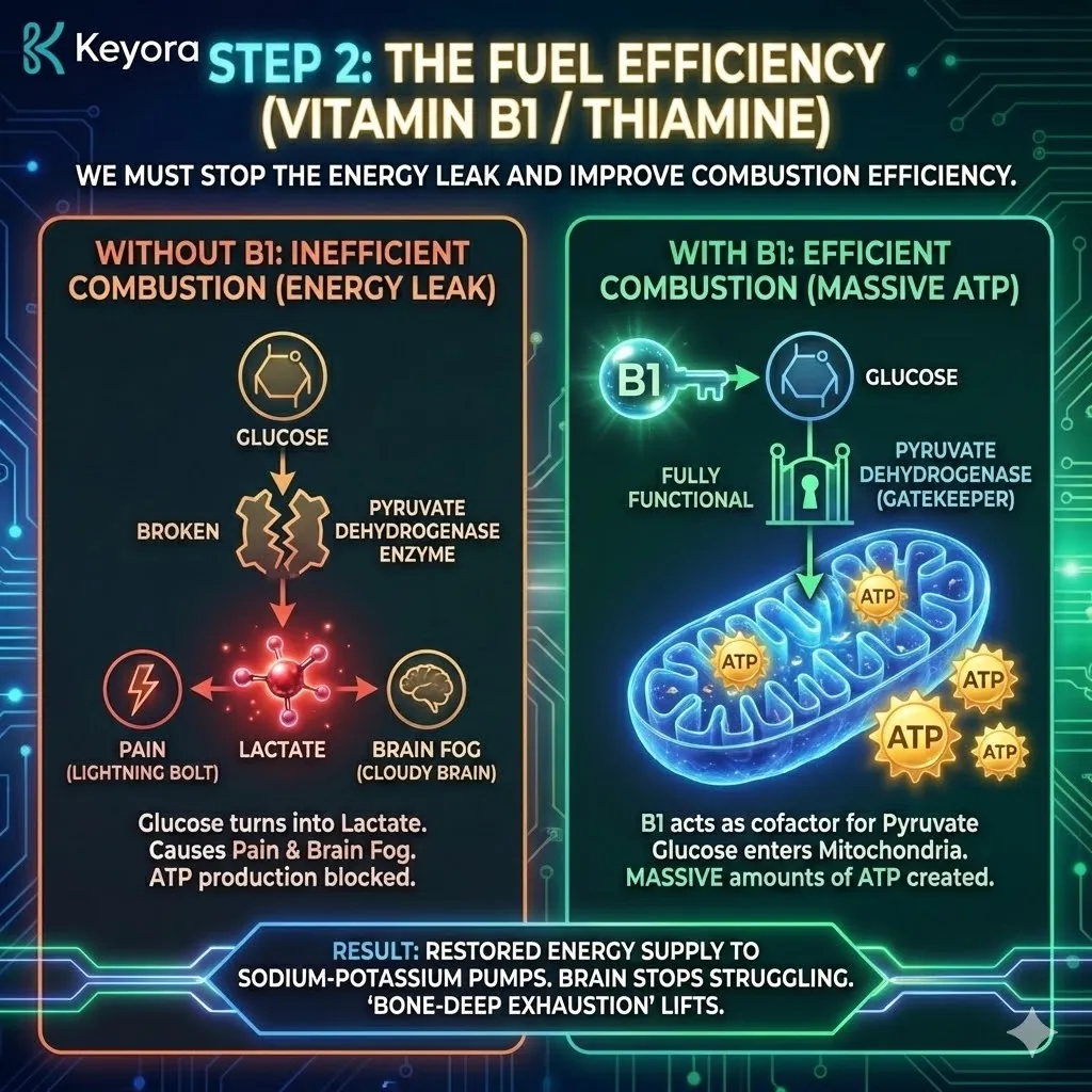 High-tech 3D schematic of Vitamin B1 as the cofactor for Pyruvate Dehydrogenase, the gatekeeper of the mitochondrial matrix. Hyper-realistic visuals map the transition from Lactate-driven brain fog to efficient ATP synthesis. The design illustrates the restoration of the Sodium-Potassium pumps, plugging the energy leak and terminating bone-deep exhaustion within the Four-Drive System to secure Neurological Sovereignty and metabolic flow. High-tech 3D schematic of Vitamin B1 as the cofactor for Pyruvate Dehydrogenase, the gatekeeper of the mitochondrial matrix. Hyper-realistic visuals map the transition from Lactate-driven brain fog to efficient ATP synthesis. The design illustrates the restoration of the Sodium-Potassium pumps, plugging the energy leak and terminating bone-deep exhaustion within the Four-Drive System to secure Neurological Sovereignty and metabolic flow.