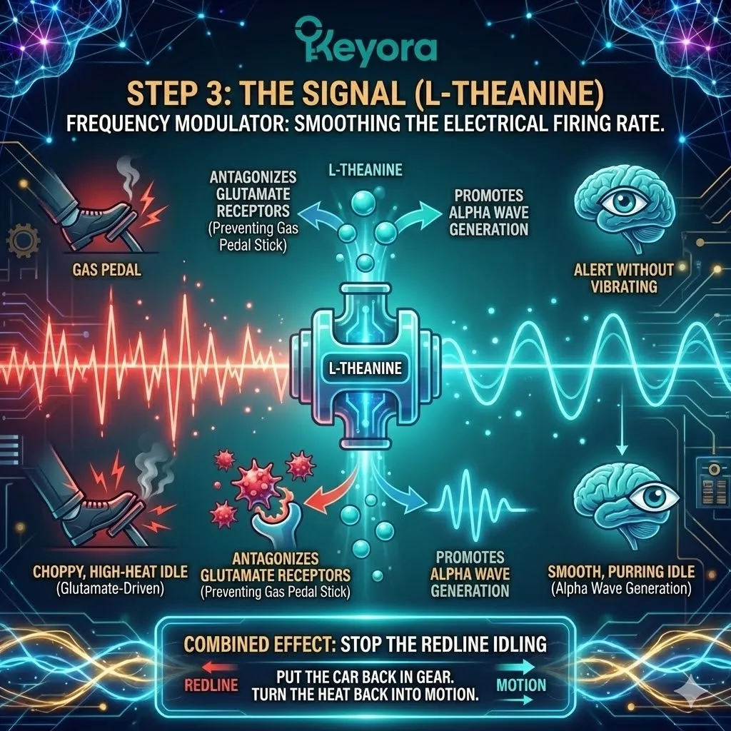 High-tech 3D scientific render of L-Theanine acting as a frequency modulator within the neural architecture. The visual maps the antagonism of Glutamate receptors to prevent the "stuck gas pedal" while promoting bioluminescent Alpha Wave generation. This architectural design illustrates the transition from a choppy, high-heat idle to a smooth, purring idle within the Four-Drive System, securing Neurological Sovereignty and restoring metabolic motion. High-tech 3D scientific render of L-Theanine acting as a frequency modulator within the neural architecture. The visual maps the antagonism of Glutamate receptors to prevent the "stuck gas pedal" while promoting bioluminescent Alpha Wave generation. This architectural design illustrates the transition from a choppy, high-heat idle to a smooth, purring idle within the Four-Drive System, securing Neurological Sovereignty and restoring metabolic motion.