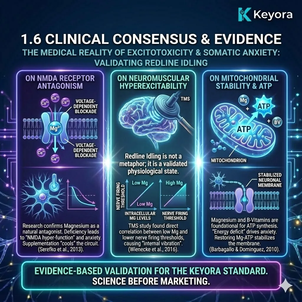 High-tech 3D schematic mapping the clinical consensus on NMDA Antagonism and ATP synthesis. Hyper-realistic visuals illustrate the voltage-dependent Magnesium blockade cooling the neural circuit, as validated by Serefko et al. The design traces the correlation between intracellular Magnesium and nerve-firing thresholds, mapping the restoration of the Mg-ATP status within the Four-Drive System to secure Neurological Sovereignty and structural Resilience. High-tech 3D schematic mapping the clinical consensus on NMDA Antagonism and ATP synthesis. Hyper-realistic visuals illustrate the voltage-dependent Magnesium blockade cooling the neural circuit, as validated by Serefko et al. The design traces the correlation between intracellular Magnesium and nerve-firing thresholds, mapping the restoration of the Mg-ATP status within the Four-Drive System to secure Neurological Sovereignty and structural Resilience.