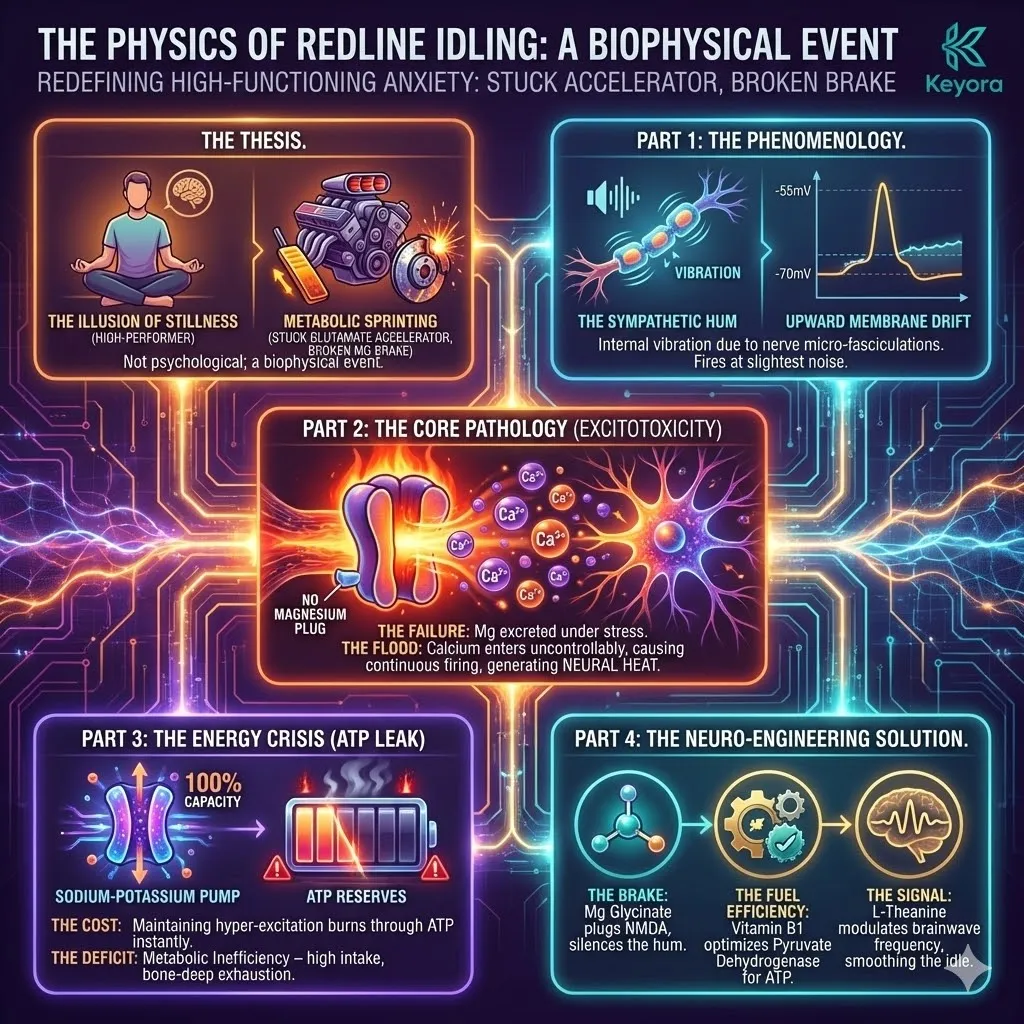 High-tech 3D scientific render mapping the transition from Redline Idling to Neurological Sovereignty. The visual contrasts the "Sympathetic Hum" of a magnesium-depleted NMDA receptor with the stabilized, ATP-efficient architecture of the Keyora 8-in-1 Matrix. Hyper-realistic neural fibers depict the restoration of the -70mV resting potential and the termination of the Calcium flood. This architectural design serves as the definitive audit of the high-performer's metabolic engine, securing structural Resilience. High-tech 3D scientific render mapping the transition from Redline Idling to Neurological Sovereignty. The visual contrasts the "Sympathetic Hum" of a magnesium-depleted NMDA receptor with the stabilized, ATP-efficient architecture of the Keyora 8-in-1 Matrix. Hyper-realistic neural fibers depict the restoration of the -70mV resting potential and the termination of the Calcium flood. This architectural design serves as the definitive audit of the high-performer's metabolic engine, securing structural Resilience.