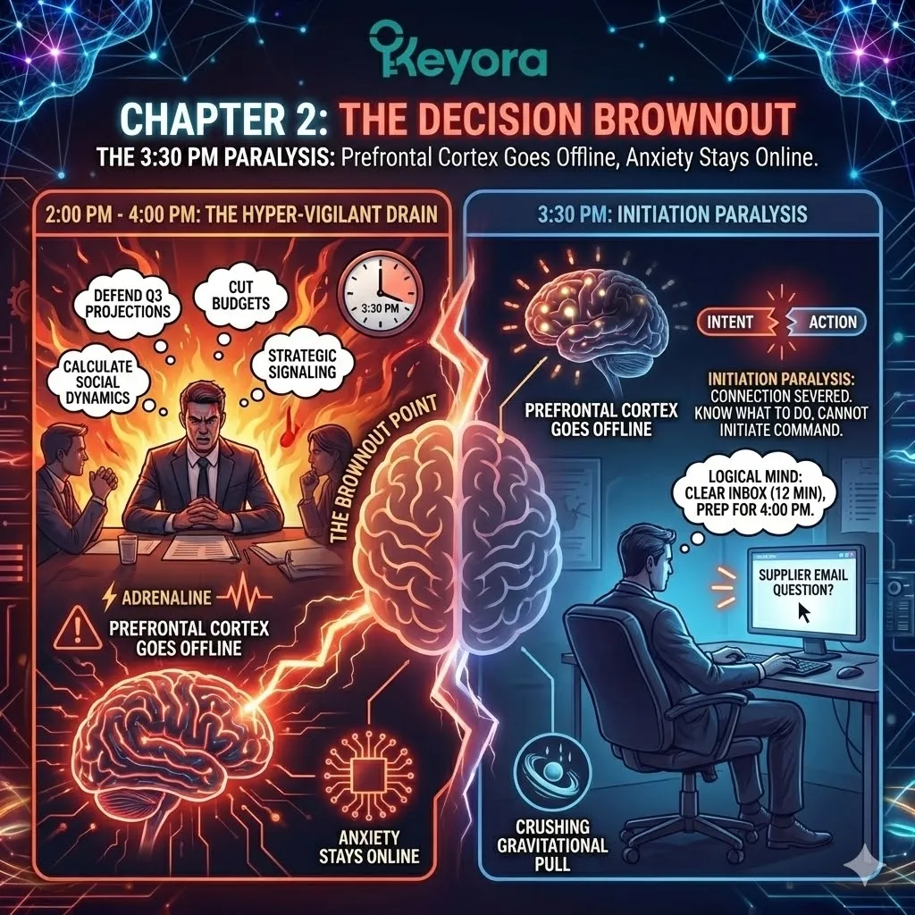 High-tech 3D scientific render of the Decision Brownout within the neural architecture. The visual maps the disconnection between Intent and Action, showing the Prefrontal Cortex going offline as ATP reserves are depleted. Hyper-realistic neural fibers depict the "Initiation Paralysis" where the logical mind identifies a task but the motor command fails to fire. This architectural design illustrates the transition from high-functioning leadership to metabolic shutdown. High-tech 3D scientific render of the Decision Brownout within the neural architecture. The visual maps the disconnection between Intent and Action, showing the Prefrontal Cortex going offline as ATP reserves are depleted. Hyper-realistic neural fibers depict the "Initiation Paralysis" where the logical mind identifies a task but the motor command fails to fire. This architectural design illustrates the transition from high-functioning leadership to metabolic shutdown.