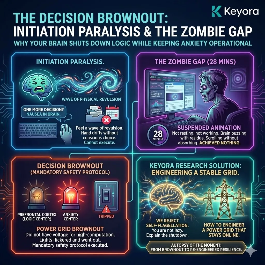 High-tech 3D scientific render of "The Zombie Gap" within the neural architecture. The visual maps a Decision Brownout, where the Prefrontal Cortex is dark and offline while the Amygdala and stress centers remain glowing in a hyper-aroused state. Hyper-realistic neural fibers depict the biological safety protocol that severs Intent from Action. This architectural design illustrates the voltage failure within the Four-Drive System, contrasting metabolic depletion with the residue of a high-stakes "Sympathetic Hum." High-tech 3D scientific render of "The Zombie Gap" within the neural architecture. The visual maps a Decision Brownout, where the Prefrontal Cortex is dark and offline while the Amygdala and stress centers remain glowing in a hyper-aroused state. Hyper-realistic neural fibers depict the biological safety protocol that severs Intent from Action. This architectural design illustrates the voltage failure within the Four-Drive System, contrasting metabolic depletion with the residue of a high-stakes "Sympathetic Hum."