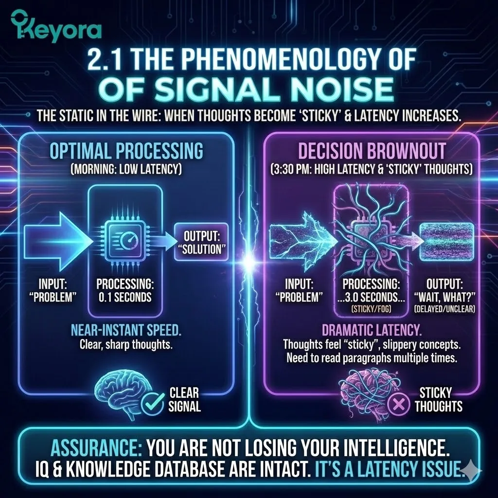 High-tech 3D scientific render of Cognitive Latency and "Sticky Thoughts" within the neural architecture. The visual maps the increase in processing time, showing neural signals struggling to transit through a depleted prefrontal cortex. Hyper-realistic neural fibers depict the "Input-Processing-Output" lag, contrasting sharp morning signal speed with the 3:30 PM brownout. This architectural design illustrates the transition from fluid Intelligence to high-latency Signal Noise within the Four-Drive System. High-tech 3D scientific render of Cognitive Latency and "Sticky Thoughts" within the neural architecture. The visual maps the increase in processing time, showing neural signals struggling to transit through a depleted prefrontal cortex. Hyper-realistic neural fibers depict the "Input-Processing-Output" lag, contrasting sharp morning signal speed with the 3:30 PM brownout. This architectural design illustrates the transition from fluid Intelligence to high-latency Signal Noise within the Four-Drive System.