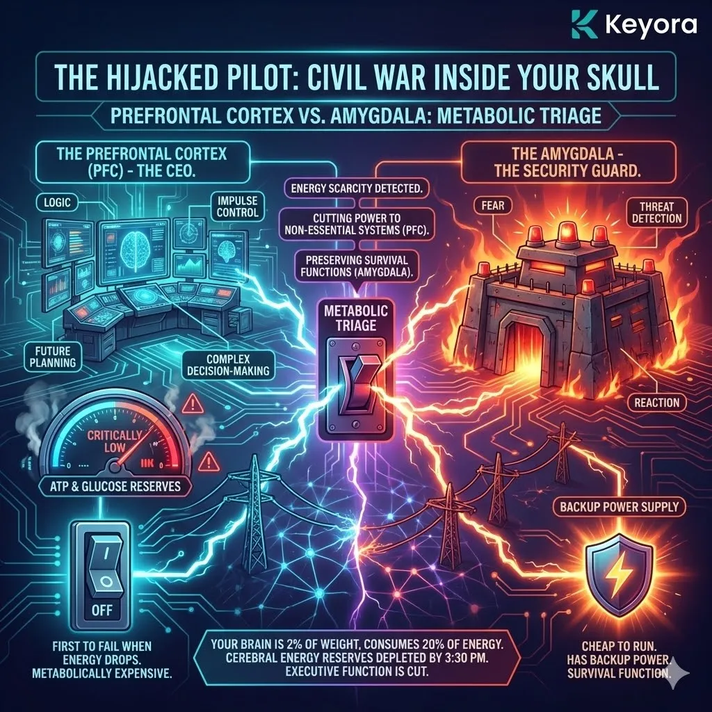 High-tech 3D scientific render of Metabolic Triage within the neural architecture. The visual maps the "Hijacked Pilot" scenario, showing a dark, energy-starved Prefrontal Cortex (PFC) contrasted with a glowing, hyper-active Amygdala. Hyper-realistic neural fibers depict the diversion of remaining ATP reserves from high-cost executive logic to low-cost primitive threat detection. This architectural design illustrates the transition from cognitive leadership to survival-based "Security Guard" dominance within the Four-Drive System. High-tech 3D scientific render of Metabolic Triage within the neural architecture. The visual maps the "Hijacked Pilot" scenario, showing a dark, energy-starved Prefrontal Cortex (PFC) contrasted with a glowing, hyper-active Amygdala. Hyper-realistic neural fibers depict the diversion of remaining ATP reserves from high-cost executive logic to low-cost primitive threat detection. This architectural design illustrates the transition from cognitive leadership to survival-based "Security Guard" dominance within the Four-Drive System.