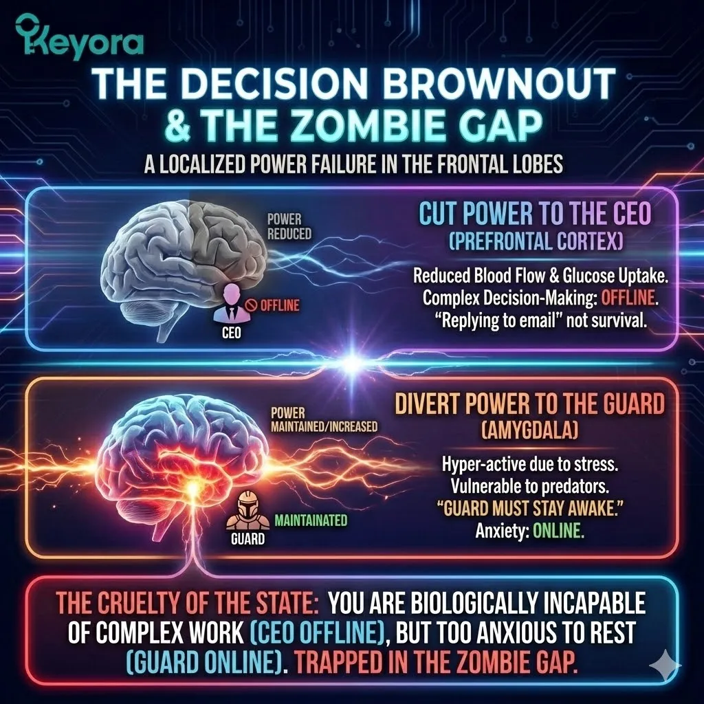 High-tech 3D scientific render of the "Localized Power Failure" within the neural chassis. The visual maps the diversion of glucose and blood flow away from the Prefrontal Cortex (CEO) toward the Amygdala (Guard). Hyper-realistic neural fibers show the PFC in a dimmed, low-voltage state while the Amygdala remains bioluminescent and hyper-aroused. This architectural design illustrates the biological cruelty of being too depleted for executive logic but too "high-threat" for rest within the Four-Drive System. High-tech 3D scientific render of the "Localized Power Failure" within the neural chassis. The visual maps the diversion of glucose and blood flow away from the Prefrontal Cortex (CEO) toward the Amygdala (Guard). Hyper-realistic neural fibers show the PFC in a dimmed, low-voltage state while the Amygdala remains bioluminescent and hyper-aroused. This architectural design illustrates the biological cruelty of being too depleted for executive logic but too "high-threat" for rest within the Four-Drive System.