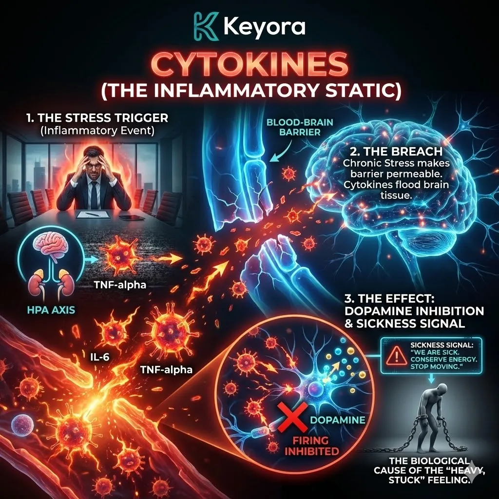 High-tech 3D scientific render of "Inflammatory Static" and the "Leaky Brain" phenomenon. The visual maps the infiltration of pro-inflammatory cytokines (IL-6, TNF-alpha) through a compromised Blood-Brain Barrier into the neural matrix. Hyper-realistic neural fibers show these molecules inhibiting dopamine firing, creating the "heavy" biological sensation of being stuck. This architectural design illustrates the transition from psychological stress to systemic neuro-inflammation within the Four-Drive System. High-tech 3D scientific render of "Inflammatory Static" and the "Leaky Brain" phenomenon. The visual maps the infiltration of pro-inflammatory cytokines (IL-6, TNF-alpha) through a compromised Blood-Brain Barrier into the neural matrix. Hyper-realistic neural fibers show these molecules inhibiting dopamine firing, creating the "heavy" biological sensation of being stuck. This architectural design illustrates the transition from psychological stress to systemic neuro-inflammation within the Four-Drive System.