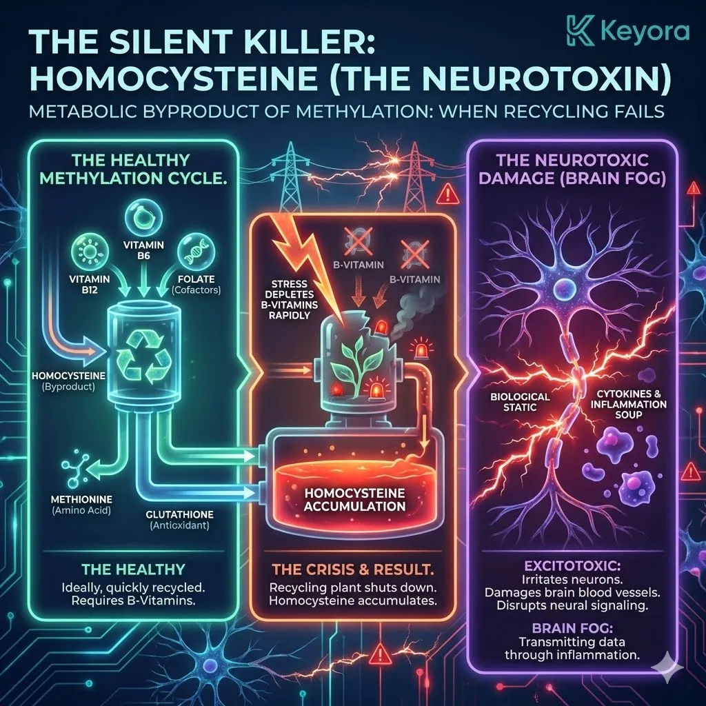 High-tech 3D scientific render of the "Methylation Shutdown" and Homocysteine accumulation. The visual maps the failure of the recycling plant due to B-Vitamin depletion, showing the buildup of neurotoxic Homocysteine within the neural matrix. Hyper-realistic neural fibers depict the resulting "biological static" and vascular irritation that drowns out cognitive signals. This architectural design illustrates the transition from metabolic efficiency to a "soup of inflammation" within the Four-Drive System, securing Neurological Sovereignty through B-Vitamin restoration. High-tech 3D scientific render of the "Methylation Shutdown" and Homocysteine accumulation. The visual maps the failure of the recycling plant due to B-Vitamin depletion, showing the buildup of neurotoxic Homocysteine within the neural matrix. Hyper-realistic neural fibers depict the resulting "biological static" and vascular irritation that drowns out cognitive signals. This architectural design illustrates the transition from metabolic efficiency to a "soup of inflammation" within the Four-Drive System, securing Neurological Sovereignty through B-Vitamin restoration.