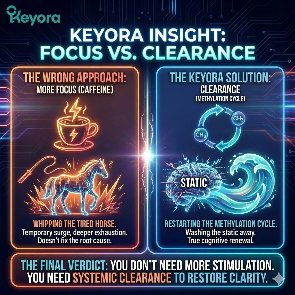 High-tech 3D scientific render of the "Methylation Clearance" process within the neural architecture. The visual maps the restart of the recycling plant, showing B-Vitamins clearing the neurotoxic "soup" of Homocysteine and Cytokines. Hyper-realistic neural fibers depict the transition from "whipping the tired horse" with Caffeine to the restoration of clean electrical signaling. This architectural design illustrates the achievement of Neurological Sovereignty by shifting from chemical stimulation to systemic clearance within the Four-Drive System. High-tech 3D scientific render of the "Methylation Clearance" process within the neural architecture. The visual maps the restart of the recycling plant, showing B-Vitamins clearing the neurotoxic "soup" of Homocysteine and Cytokines. Hyper-realistic neural fibers depict the transition from "whipping the tired horse" with Caffeine to the restoration of clean electrical signaling. This architectural design illustrates the achievement of Neurological Sovereignty by shifting from chemical stimulation to systemic clearance within the Four-Drive System.