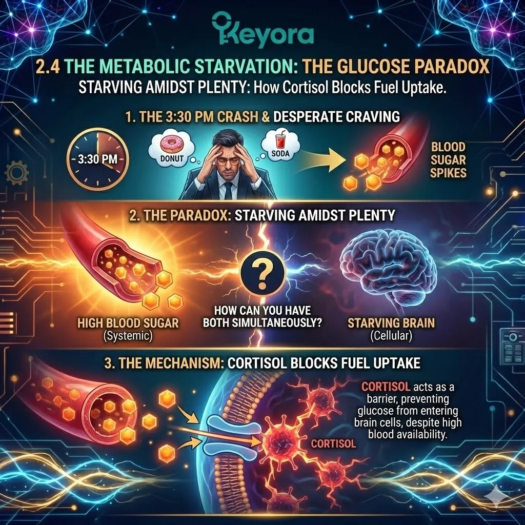 High-tech 3D scientific render of the "Glucose Paradox" within the neural chassis. The visual maps the blockade of cellular fuel uptake, showing high circulating blood sugar unable to enter the "starving" neurons of the Prefrontal Cortex. Hyper-realistic models depict the Four-Drive System in a state of metabolic bottleneck, where the brain is submerged in glucose but remains in an energy brownout. This architectural design illustrates the transition from caloric availability to cellular starvation during a Cortisol spike. High-tech 3D scientific render of the "Glucose Paradox" within the neural chassis. The visual maps the blockade of cellular fuel uptake, showing high circulating blood sugar unable to enter the "starving" neurons of the Prefrontal Cortex. Hyper-realistic models depict the Four-Drive System in a state of metabolic bottleneck, where the brain is submerged in glucose but remains in an energy brownout. This architectural design illustrates the transition from caloric availability to cellular starvation during a Cortisol spike.