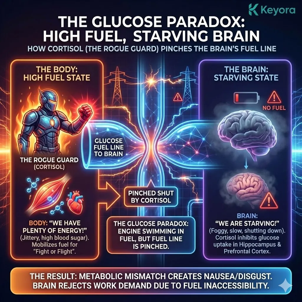 High-tech 3D scientific render of the "Glucose Paradox" and the Cortisol fuel blockade. The visual maps the Rogue Guard (Cortisol) pinching the fuel lines to the Prefrontal Cortex and Hippocampus, showing glucose molecules trapped in the bloodstream while neural "engines" starve. Hyper-realistic neural fibers depict the shutdown of glucose transporters, contrasting the jittery energy of the body with the metabolic brownout of the brain. This architectural design illustrates the transition from systemic fuel availability to localized cerebral starvation. High-tech 3D scientific render of the "Glucose Paradox" and the Cortisol fuel blockade. The visual maps the Rogue Guard (Cortisol) pinching the fuel lines to the Prefrontal Cortex and Hippocampus, showing glucose molecules trapped in the bloodstream while neural "engines" starve. Hyper-realistic neural fibers depict the shutdown of glucose transporters, contrasting the jittery energy of the body with the metabolic brownout of the brain. This architectural design illustrates the transition from systemic fuel availability to localized cerebral starvation.