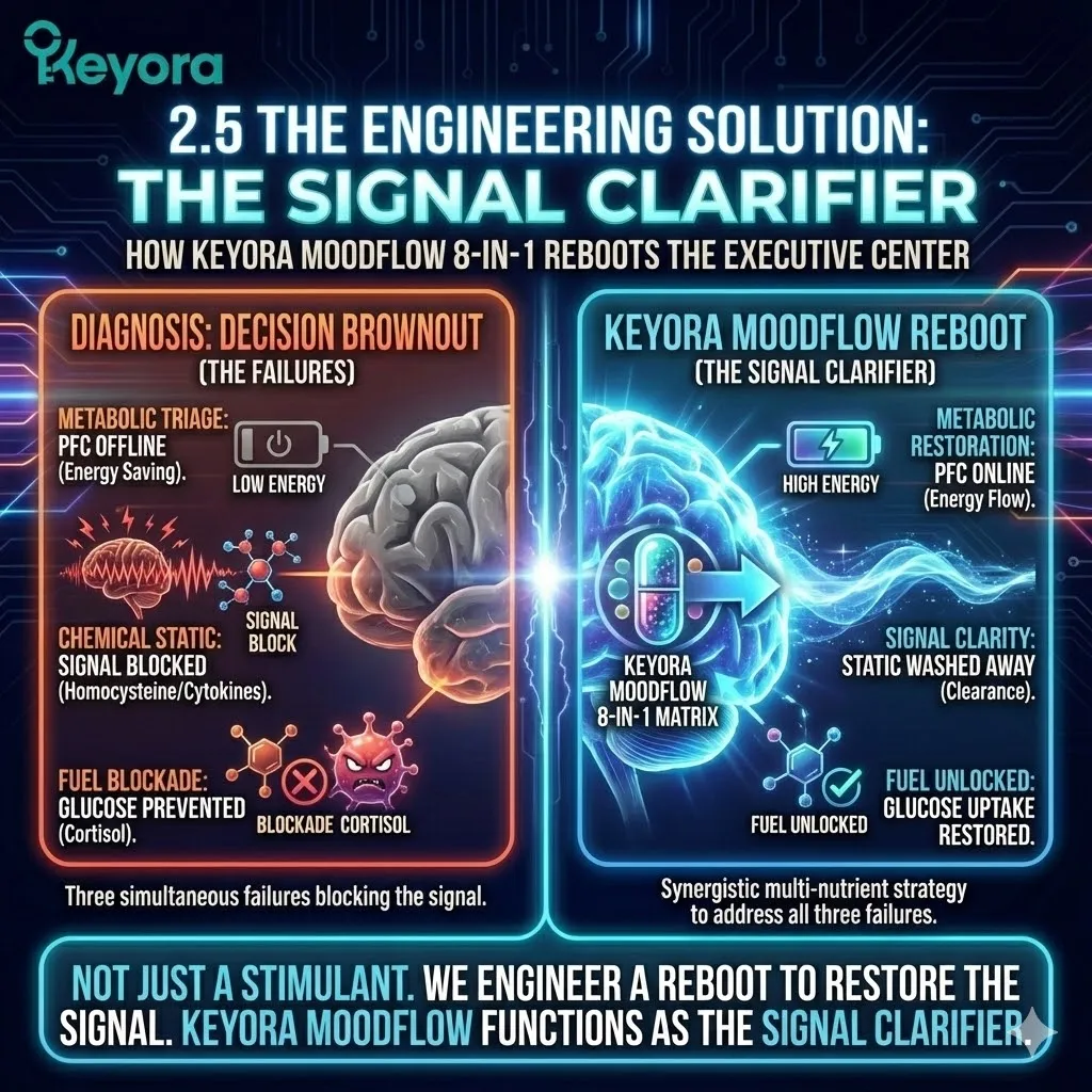 High-tech 3D scientific render of the "Signal Clarifier" protocol within the neural chassis. The visual maps the triple-action reboot of the Executive Center: clearing "Chemical Static," lifting the "Fuel Blockade," and reversing "Metabolic Triage." Hyper-realistic neural fibers show the transition from a dark, low-voltage state to a bioluminescent, high-fidelity signal as the Keyora 8-in-1 Matrix re-engages the Prefrontal Cortex. This architectural design illustrates the achievement of Neurological Sovereignty through systemic neuro-engineering. High-tech 3D scientific render of the "Signal Clarifier" protocol within the neural chassis. The visual maps the triple-action reboot of the Executive Center: clearing "Chemical Static," lifting the "Fuel Blockade," and reversing "Metabolic Triage." Hyper-realistic neural fibers show the transition from a dark, low-voltage state to a bioluminescent, high-fidelity signal as the Keyora 8-in-1 Matrix re-engages the Prefrontal Cortex. This architectural design illustrates the achievement of Neurological Sovereignty through systemic neuro-engineering.