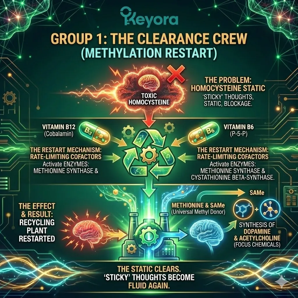 High-tech 3D scientific render of the "Clearance Crew" within the neural matrix. The visual maps the methylation restart, showing Vitamin B12 and B6 (P-5-P) activating the Methionine Synthase enzymes to recycle toxic Homocysteine. Hyper-realistic neural fibers depict the conversion into SAMe, fueling the synthesis of Dopamine and Acetylcholine. This architectural design illustrates the transition from "sticky" cognitive interference to fluid signal transmission, securing Neurological Sovereignty within the Four-Drive System. High-tech 3D scientific render of the "Clearance Crew" within the neural matrix. The visual maps the methylation restart, showing Vitamin B12 and B6 (P-5-P) activating the Methionine Synthase enzymes to recycle toxic Homocysteine. Hyper-realistic neural fibers depict the conversion into SAMe, fueling the synthesis of Dopamine and Acetylcholine. This architectural design illustrates the transition from "sticky" cognitive interference to fluid signal transmission, securing Neurological Sovereignty within the Four-Drive System.