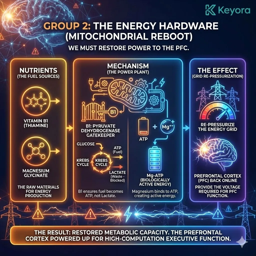 High-tech 3D scientific render of the "Energy Hardware" reboot within the neural architecture. The visual maps the reactivation of the Prefrontal Cortex through the synergism of Vitamin B1 and Magnesium Glycinate. Hyper-realistic models depict Vitamin B1 as the gatekeeper of the Krebs Cycle, while Magnesium stabilizes the ATP molecule into its active Mg-ATP form. This architectural design illustrates the transition from metabolic brownout to a re-pressurized energy grid, restoring the voltage required for high-computation executive logic. High-tech 3D scientific render of the "Energy Hardware" reboot within the neural architecture. The visual maps the reactivation of the Prefrontal Cortex through the synergism of Vitamin B1 and Magnesium Glycinate. Hyper-realistic models depict Vitamin B1 as the gatekeeper of the Krebs Cycle, while Magnesium stabilizes the ATP molecule into its active Mg-ATP form. This architectural design illustrates the transition from metabolic brownout to a re-pressurized energy grid, restoring the voltage required for high-computation executive logic.