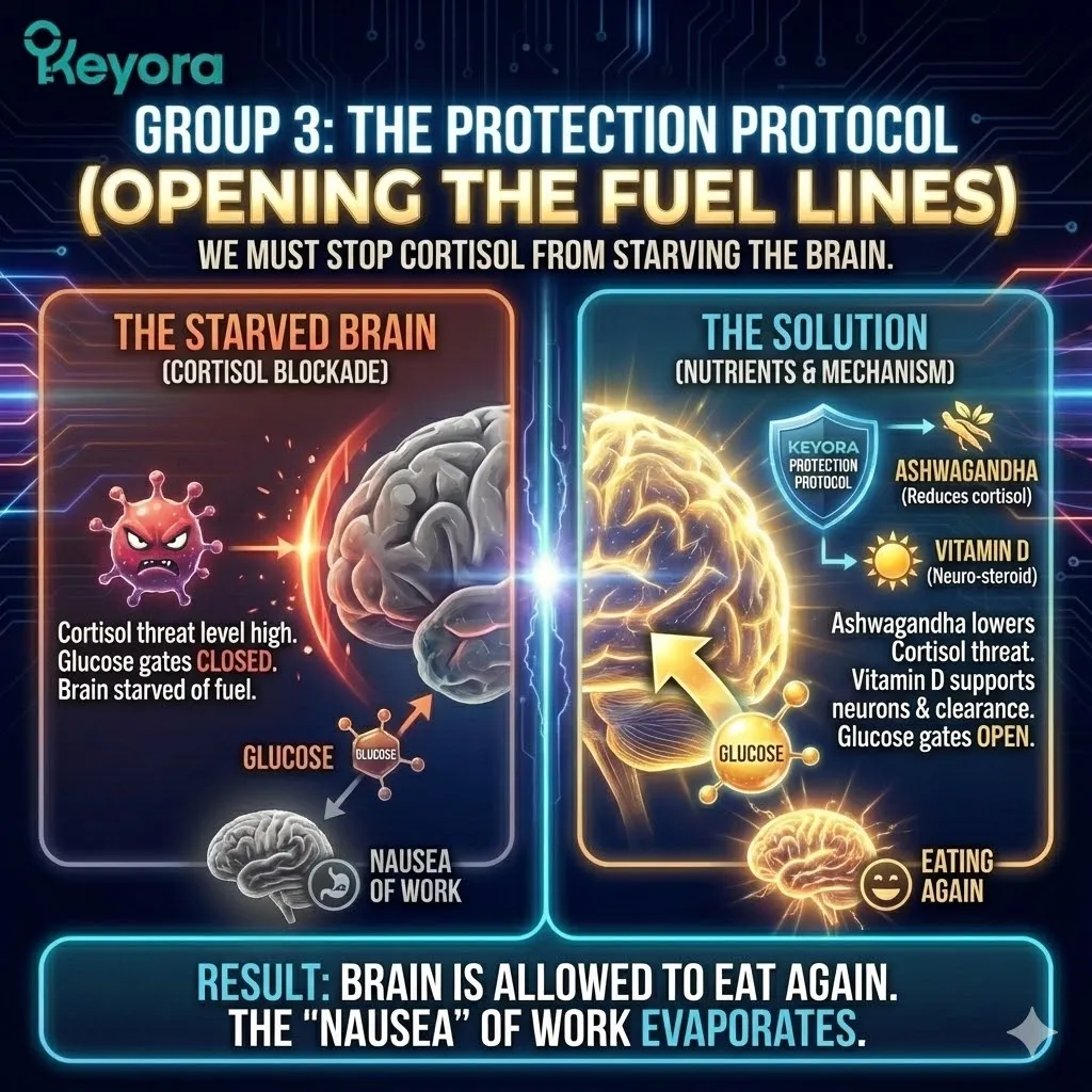 High-tech 3D scientific render of the "Protection Protocol" within the neural chassis. The visual maps the reduction of serum Cortisol by Ashwagandha, physically re-opening the glucose gates (GLUT transporters) to the Prefrontal Cortex and Hippocampus. Hyper-realistic neural fibers depict Vitamin D clearing inflammatory cytokines and stabilizing dopaminergic neurons. This architectural design illustrates the transition from metabolic starvation to nutrient satiety, where the "work nausea" is replaced by re-established fuel lines. High-tech 3D scientific render of the "Protection Protocol" within the neural chassis. The visual maps the reduction of serum Cortisol by Ashwagandha, physically re-opening the glucose gates (GLUT transporters) to the Prefrontal Cortex and Hippocampus. Hyper-realistic neural fibers depict Vitamin D clearing inflammatory cytokines and stabilizing dopaminergic neurons. This architectural design illustrates the transition from metabolic starvation to nutrient satiety, where the "work nausea" is replaced by re-established fuel lines.