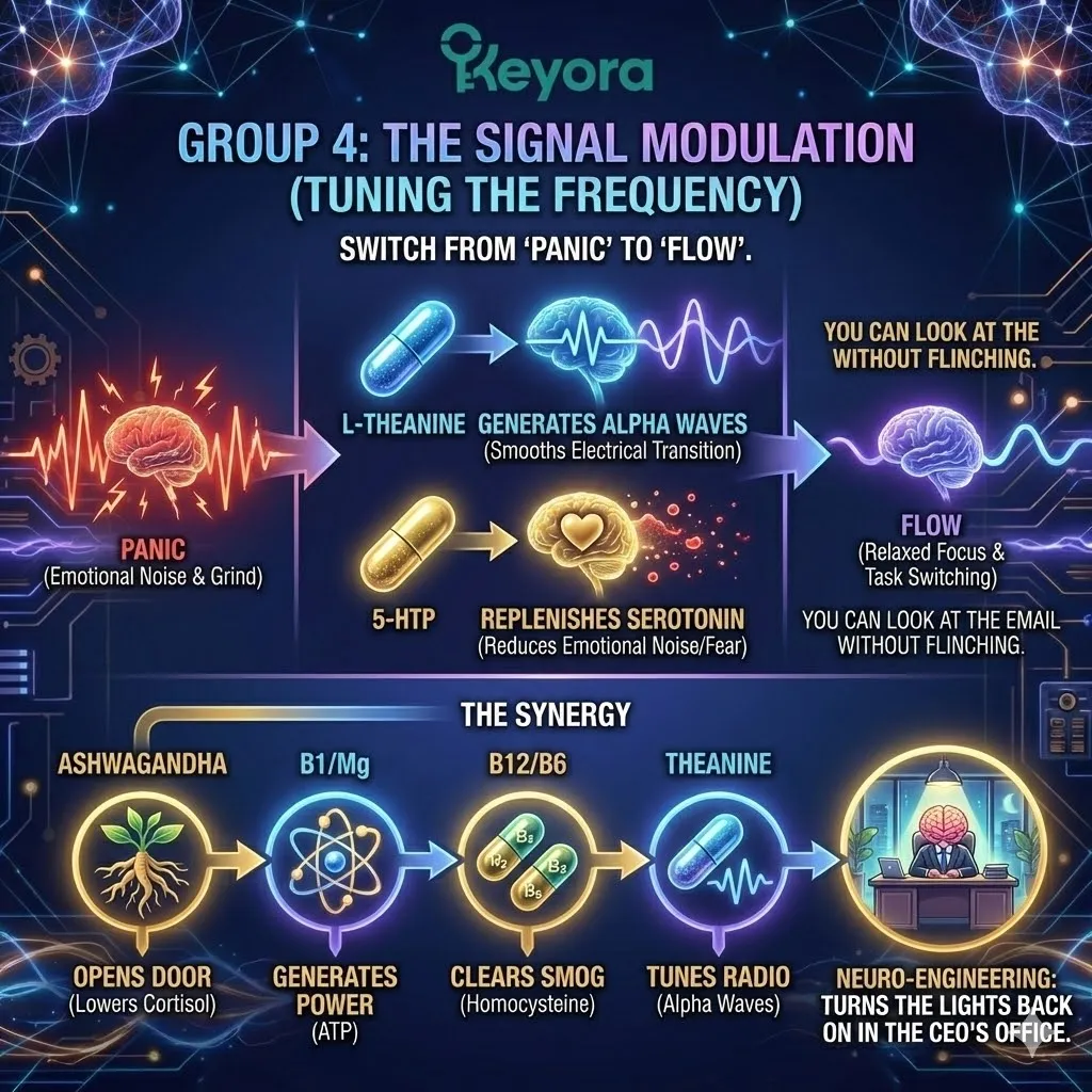 High-tech 3D scientific render of "Frequency Tuning" and the integrated 8-in-1 Interaction. The visual maps the generation of Alpha Waves via L-Theanine and the reduction of "Emotional Noise" through 5-HTP Serotonin replenishment. Hyper-realistic neural fibers depict the transition from a panicked "grind" to a state of Relaxed Focus. This architectural design illustrates the final re-engagement of the CEO’s office (PFC), showing the Four-Drive System synchronized through Cortisol reduction, ATP generation, Homocysteine clearance, and Alpha-wave modulation. High-tech 3D scientific render of "Frequency Tuning" and the integrated 8-in-1 Interaction. The visual maps the generation of Alpha Waves via L-Theanine and the reduction of "Emotional Noise" through 5-HTP Serotonin replenishment. Hyper-realistic neural fibers depict the transition from a panicked "grind" to a state of Relaxed Focus. This architectural design illustrates the final re-engagement of the CEO’s office (PFC), showing the Four-Drive System synchronized through Cortisol reduction, ATP generation, Homocysteine clearance, and Alpha-wave modulation.