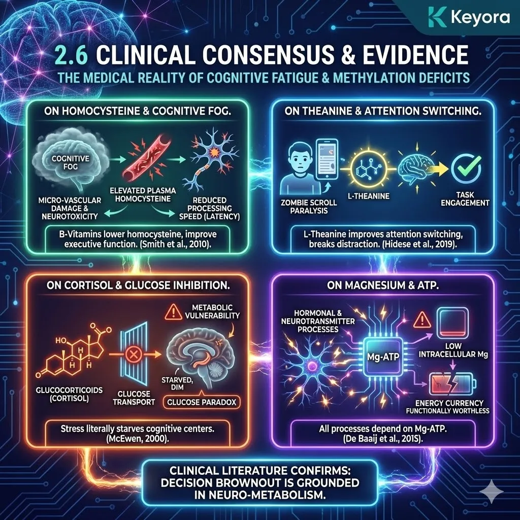 High-tech 3D scientific render mapping the clinical consensus of the "Decision Brownout." The visual integrates the metabolic evidence: Homocysteine-induced vascular friction, L-Theanine frequency stabilization, and the Cortisol-driven glucose blockade. Hyper-realistic neural fibers show the transition from "Metabolic Vulnerability" to structural Resilience, with Magnesium-stabilized ATP molecules fueling the Prefrontal Cortex. This architectural design serves as the definitive audit of cognitive latency and fuel rejection within the Four-Drive System. High-tech 3D scientific render mapping the clinical consensus of the "Decision Brownout." The visual integrates the metabolic evidence: Homocysteine-induced vascular friction, L-Theanine frequency stabilization, and the Cortisol-driven glucose blockade. Hyper-realistic neural fibers show the transition from "Metabolic Vulnerability" to structural Resilience, with Magnesium-stabilized ATP molecules fueling the Prefrontal Cortex. This architectural design serves as the definitive audit of cognitive latency and fuel rejection within the Four-Drive System.