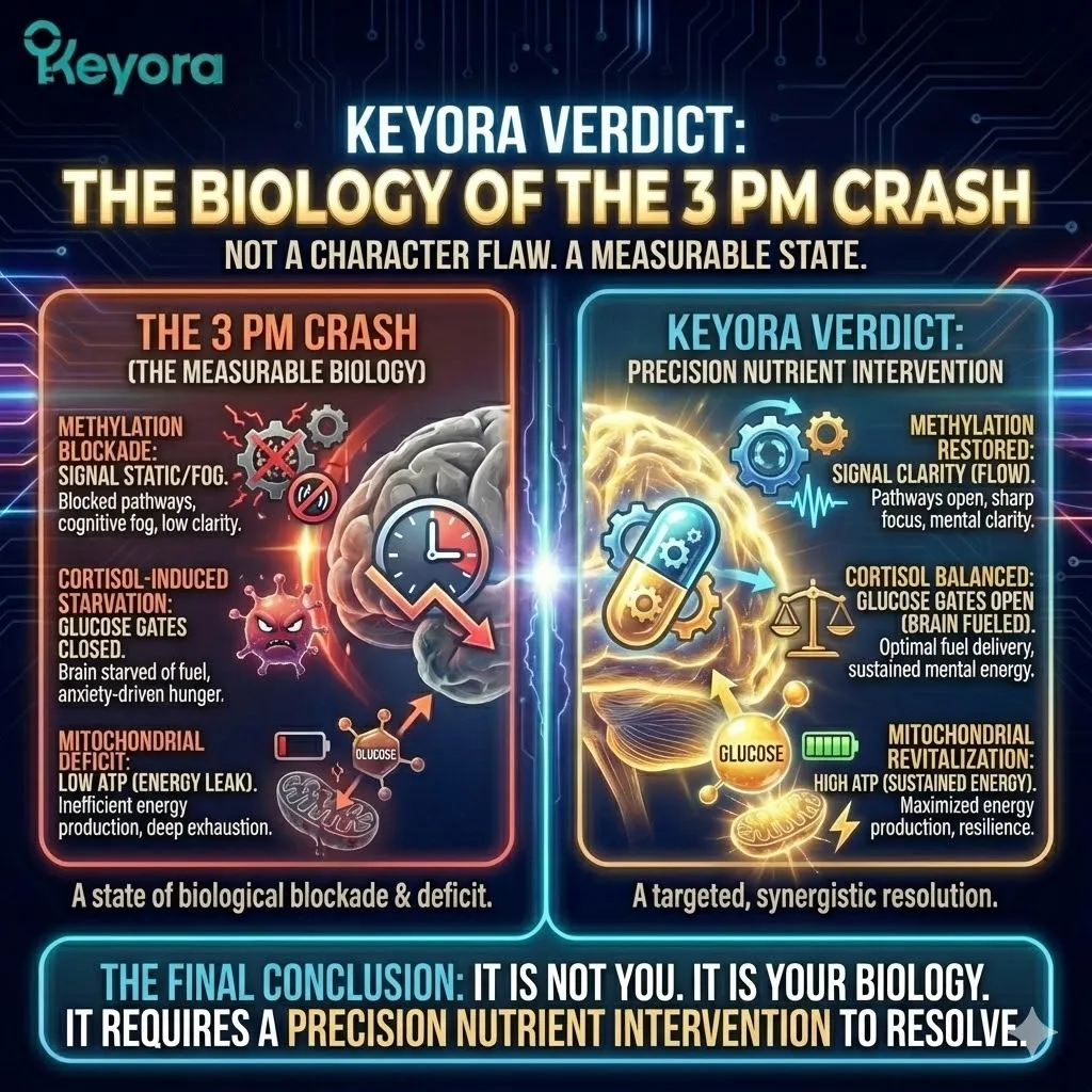 High-tech 3D scientific render mapping the "Keyora Verdict" on the 3 PM Crash. The visual illustrates the intersection of a Methylation Blockade, Cortisol-induced glucose starvation, and Mitochondrial ATP deficit within the neural architecture. Hyper-realistic neural fibers depict the transition from a dark, low-voltage Prefrontal Cortex to a bioluminescent state of executive clarity through precision nutrient intervention. This architectural design serves as the definitive audit of the 3:30 PM brownout, securing Neurological Sovereignty by restoring the metabolic power grid. High-tech 3D scientific render mapping the "Keyora Verdict" on the 3 PM Crash. The visual illustrates the intersection of a Methylation Blockade, Cortisol-induced glucose starvation, and Mitochondrial ATP deficit within the neural architecture. Hyper-realistic neural fibers depict the transition from a dark, low-voltage Prefrontal Cortex to a bioluminescent state of executive clarity through precision nutrient intervention. This architectural design serves as the definitive audit of the 3:30 PM brownout, securing Neurological Sovereignty by restoring the metabolic power grid.