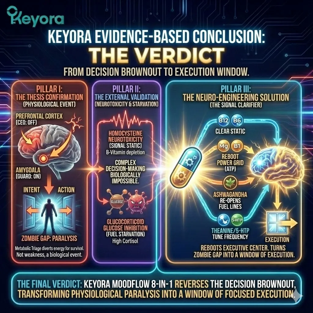 High-tech 3D scientific render of the "Restored Executive Grid" within the neural chassis. The visual maps the final transition from the "Zombie Gap" to Neurological Sovereignty. Hyper-realistic neural fibers show the Prefrontal Cortex (CEO) fully illuminated as B-Vitamins flush Homocysteine static, Magnesium-ATP re-pressurizes the voltage, and Ashwagandha re-opens the glucose gates. This architectural design serves as the definitive validation of the Signal Clarifier protocol, securing a state of high-fidelity execution. High-tech 3D scientific render of the "Restored Executive Grid" within the neural chassis. The visual maps the final transition from the "Zombie Gap" to Neurological Sovereignty. Hyper-realistic neural fibers show the Prefrontal Cortex (CEO) fully illuminated as B-Vitamins flush Homocysteine static, Magnesium-ATP re-pressurizes the voltage, and Ashwagandha re-opens the glucose gates. This architectural design serves as the definitive validation of the Signal Clarifier protocol, securing a state of high-fidelity execution.