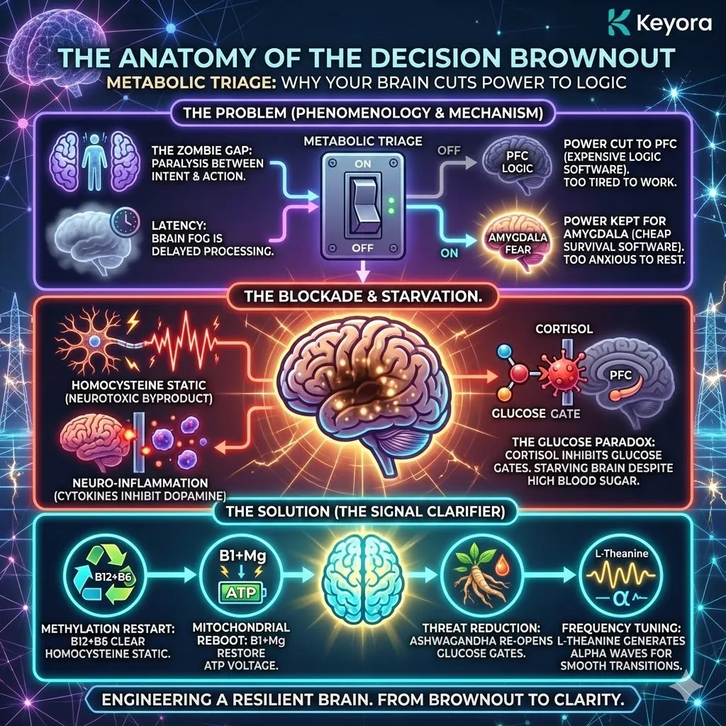 High-tech 3D scientific render of the "Anatomy of the Decision Brownout" within the neural chassis. The visual maps the transition from metabolic starvation to Neurological Sovereignty. Hyper-realistic neural fibers show the Prefrontal Cortex transitioning from a dark, low-voltage state to a bioluminescent high-fidelity signal. This architectural design illustrates the Four-Drive System's recovery as B-Vitamins clear Homocysteine static, Magnesium-ATP re-pressurizes the grid, and Ashwagandha re-opens the glucose gates. High-tech 3D scientific render of the "Anatomy of the Decision Brownout" within the neural chassis. The visual maps the transition from metabolic starvation to Neurological Sovereignty. Hyper-realistic neural fibers show the Prefrontal Cortex transitioning from a dark, low-voltage state to a bioluminescent high-fidelity signal. This architectural design illustrates the Four-Drive System's recovery as B-Vitamins clear Homocysteine static, Magnesium-ATP re-pressurizes the grid, and Ashwagandha re-opens the glucose gates.