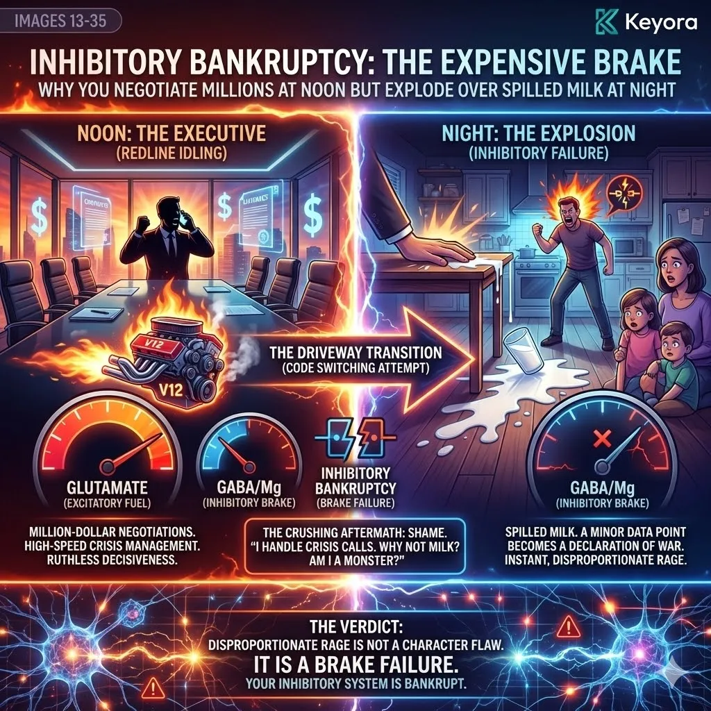High-tech 3D neural render of "Inhibitory Bankruptcy." The visual depicts the Prefrontal Cortex as a dim, flickering circuit board failing to suppress a hyper-active, crimson-glowing Amygdala. Golden neural fibers representing high-cost logic are frayed and exhausted, illustrating the collapse of the "Executive Brake" during the home-entry transition. This architectural design maps the biological snap from CEO-level logic to primitive emotional eruption. High-tech 3D neural render of "Inhibitory Bankruptcy." The visual depicts the Prefrontal Cortex as a dim, flickering circuit board failing to suppress a hyper-active, crimson-glowing Amygdala. Golden neural fibers representing high-cost logic are frayed and exhausted, illustrating the collapse of the "Executive Brake" during the home-entry transition. This architectural design maps the biological snap from CEO-level logic to primitive emotional eruption.