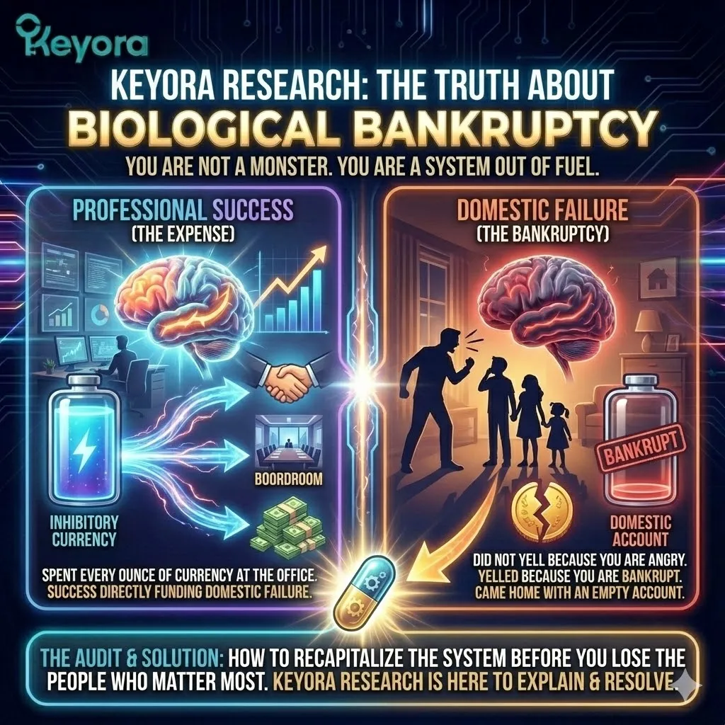 High-tech 3D render of "Inhibitory Bankruptcy" within the neural chassis. The visual maps the total depletion of the brain's "Inhibitory Currency," showing an empty energy reservoir in the Prefrontal Cortex. Faded, metallic fibers represent the exhausted executive logic, while the Amygdala remains hyper-aroused. This design illustrates how professional success can lead to domestic failure by draining the metabolic reserves required for patience and presence. High-tech 3D render of "Inhibitory Bankruptcy" within the neural chassis. The visual maps the total depletion of the brain's "Inhibitory Currency," showing an empty energy reservoir in the Prefrontal Cortex. Faded, metallic fibers represent the exhausted executive logic, while the Amygdala remains hyper-aroused. This design illustrates how professional success can lead to domestic failure by draining the metabolic reserves required for patience and presence.