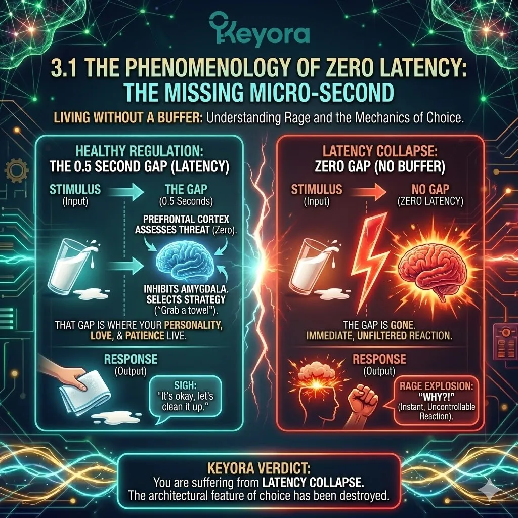 High-tech 3D render of "Latency Collapse" within the neural chassis. The visual shows the vanishing 0.5-second gap between Stimulus and Response. Hyper-realistic neural fibers depict a direct, high-voltage bypass from the spilled milk event to the Amygdala, bypassing the dimmed Prefrontal Cortex. This architectural design illustrates the mechanical loss of choice, where the "personality gap" has been completely eroded by metabolic exhaustion. High-tech 3D render of "Latency Collapse" within the neural chassis. The visual shows the vanishing 0.5-second gap between Stimulus and Response. Hyper-realistic neural fibers depict a direct, high-voltage bypass from the spilled milk event to the Amygdala, bypassing the dimmed Prefrontal Cortex. This architectural design illustrates the mechanical loss of choice, where the "personality gap" has been completely eroded by metabolic exhaustion.