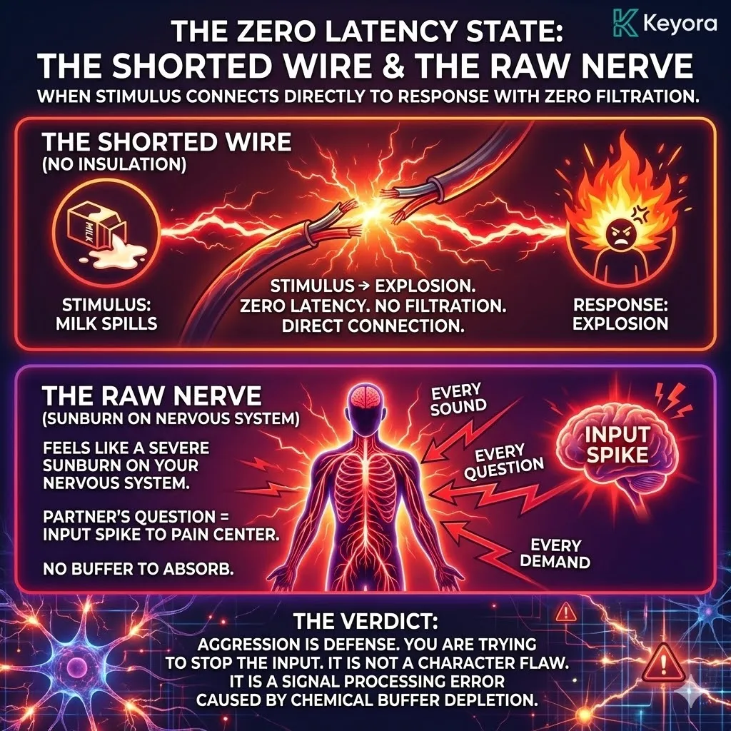 High-tech 3D render of "Zero Latency" in the neural chassis. The visual shows a "short-circuited" wire with stripped insulation, depicting a direct connection between an Input Spike and the Response center. Hyper-realistic fibers glow with aggressive red energy, bypassing the non-functional Prefrontal filter. This design illustrates the "raw" nervous system where every external stimulus is registered as a physical attack due to depleted chemical buffers. High-tech 3D render of "Zero Latency" in the neural chassis. The visual shows a "short-circuited" wire with stripped insulation, depicting a direct connection between an Input Spike and the Response center. Hyper-realistic fibers glow with aggressive red energy, bypassing the non-functional Prefrontal filter. This design illustrates the "raw" nervous system where every external stimulus is registered as a physical attack due to depleted chemical buffers.