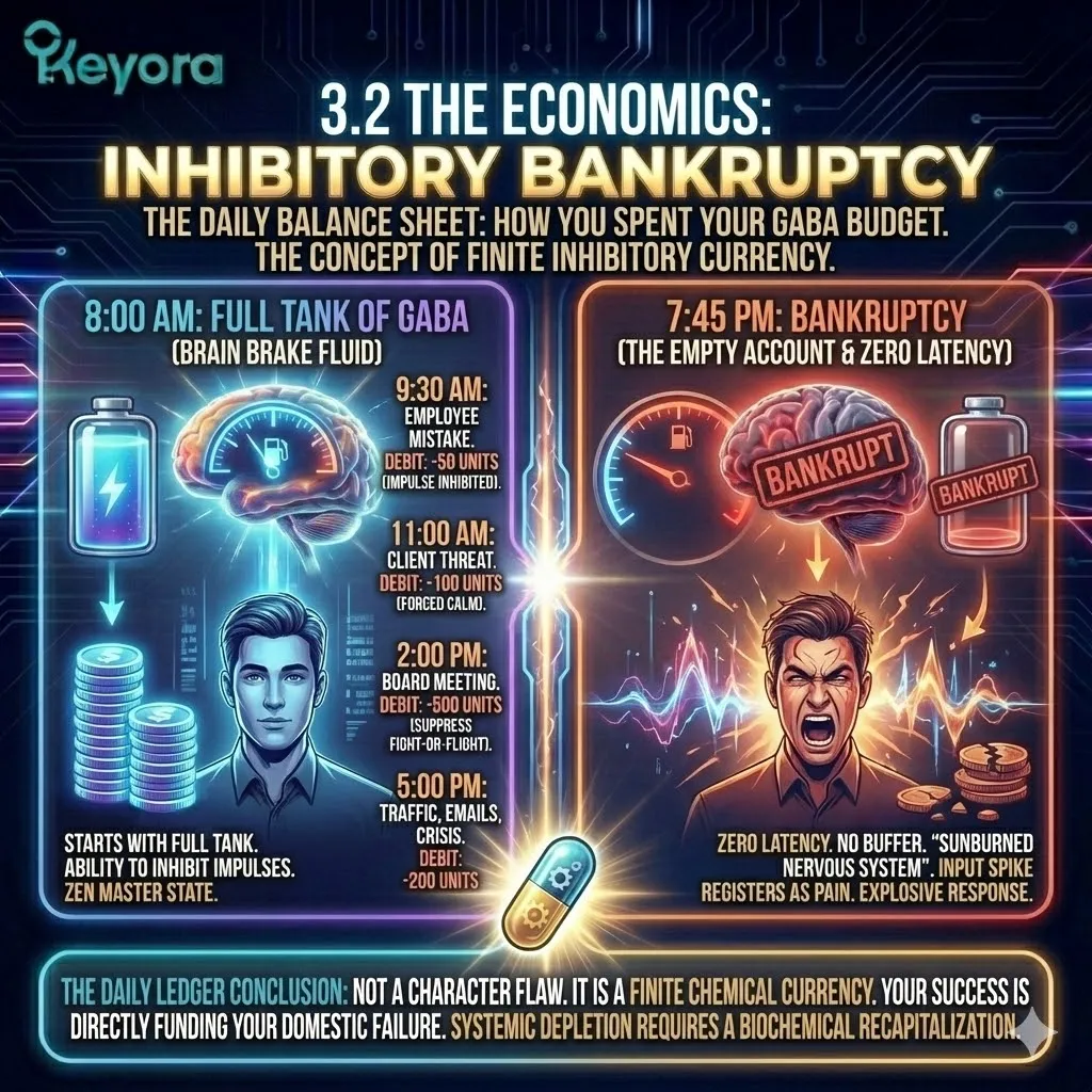 High-tech 3D render of the "GABA Daily Ledger" within the neural chassis. The visual maps a depleting currency bar of GABA (the brain's brake fluid) against a timeline of executive tasks. Hyper-realistic neural fibers transition from a cool, stable blue to a volatile, sparking red as the inhibitory reservoir hits zero. This architectural design illustrates "Inhibitory Bankruptcy," where the metabolic cost of professional restraint leaves the system's domestic account empty. High-tech 3D render of the "GABA Daily Ledger" within the neural chassis. The visual maps a depleting currency bar of GABA (the brain's brake fluid) against a timeline of executive tasks. Hyper-realistic neural fibers transition from a cool, stable blue to a volatile, sparking red as the inhibitory reservoir hits zero. This architectural design illustrates "Inhibitory Bankruptcy," where the metabolic cost of professional restraint leaves the system's domestic account empty.