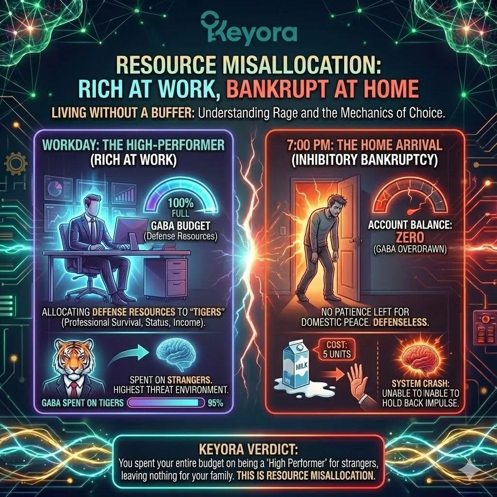 High-tech 3D render of "Resource Misallocation" in the neural chassis. The visual maps the depletion of GABA "defense resources" at the office versus the domestic "Inhibitory Bankruptcy." Hyper-realistic fibers show the Prefrontal Cortex as a spent battery, unable to pay the metabolic toll of the evening. This design illustrates the tragedy of professional excellence funding domestic failure through the total exhaustion of inhibitory currency. High-tech 3D render of "Resource Misallocation" in the neural chassis. The visual maps the depletion of GABA "defense resources" at the office versus the domestic "Inhibitory Bankruptcy." Hyper-realistic fibers show the Prefrontal Cortex as a spent battery, unable to pay the metabolic toll of the evening. This design illustrates the tragedy of professional excellence funding domestic failure through the total exhaustion of inhibitory currency.