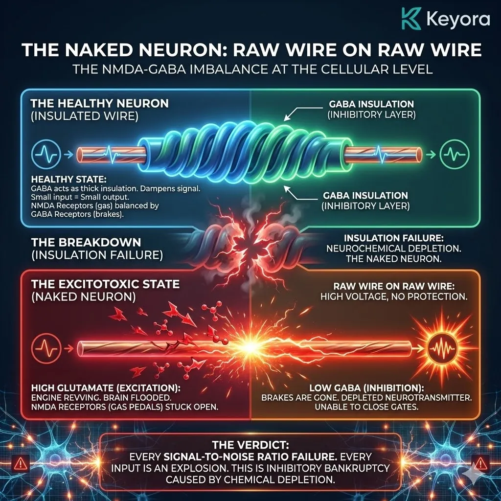 High-tech 3D render of the "Naked Neuron" within the neural chassis. The visual maps a copper wire with frayed, sparking insulation, depicting a total NMDA-GABA imbalance. Hyper-realistic neural fibers show the "Glutamate Gas Pedal" stuck in a high-voltage red glow, while the "GABA Brake Fluid" is depleted. This architectural design illustrates the "Naked Neuron" state, where raw electrical signals bypass filtration, leading to hyper-excitability. High-tech 3D render of the "Naked Neuron" within the neural chassis. The visual maps a copper wire with frayed, sparking insulation, depicting a total NMDA-GABA imbalance. Hyper-realistic neural fibers show the "Glutamate Gas Pedal" stuck in a high-voltage red glow, while the "GABA Brake Fluid" is depleted. This architectural design illustrates the "Naked Neuron" state, where raw electrical signals bypass filtration, leading to hyper-excitability.
