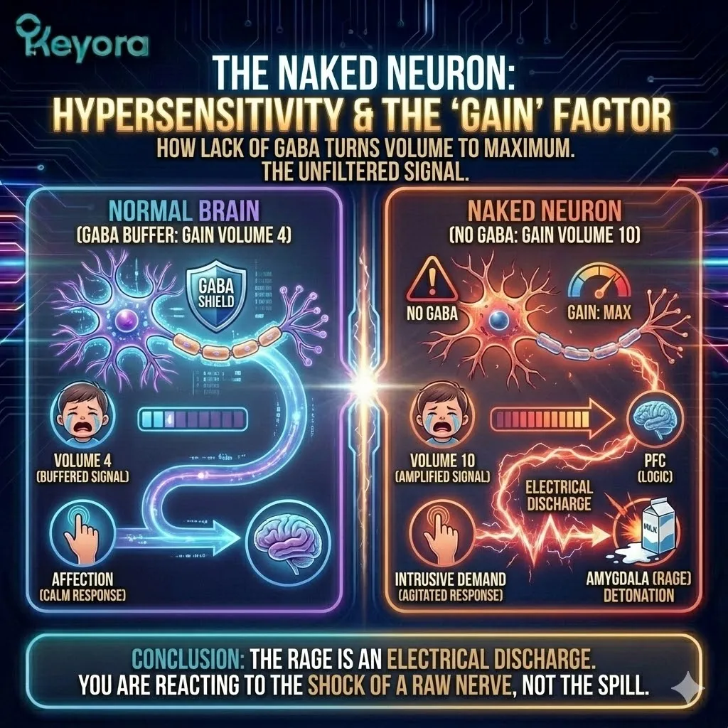 High-tech 3D render of the "Hypersensitive Signal" in the neural chassis. The visual maps a sensory input detonating as an electrical discharge. Hyper-realistic neural fibers show the "Volume 10" amplification of minor stimuli, bypassing the dimmed Prefrontal Cortex to explode in the crimson Amygdala. This design illustrates the mechanical surge of the "Naked Neuron," where a lack of electrical resistance turns a simple input into a system-wide shock. High-tech 3D render of the "Hypersensitive Signal" in the neural chassis. The visual maps a sensory input detonating as an electrical discharge. Hyper-realistic neural fibers show the "Volume 10" amplification of minor stimuli, bypassing the dimmed Prefrontal Cortex to explode in the crimson Amygdala. This design illustrates the mechanical surge of the "Naked Neuron," where a lack of electrical resistance turns a simple input into a system-wide shock.