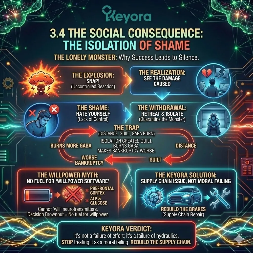 High-tech 3D render of the "Isolation of Shame" within the neural chassis. The visual maps the "Withdrawal Cycle," showing a dark, isolated Prefrontal Cortex and a hyper-aroused Amygdala locked in a feedback loop of guilt. Hyper-realistic neural fibers depict "Willpower Software" as a broken, low-voltage circuit, illustrating the mechanical failure of "dragging feet" to stop a car without brakes. This design maps the transition from biological bankruptcy to social distance. High-tech 3D render of the "Isolation of Shame" within the neural chassis. The visual maps the "Withdrawal Cycle," showing a dark, isolated Prefrontal Cortex and a hyper-aroused Amygdala locked in a feedback loop of guilt. Hyper-realistic neural fibers depict "Willpower Software" as a broken, low-voltage circuit, illustrating the mechanical failure of "dragging feet" to stop a car without brakes. This design maps the transition from biological bankruptcy to social distance.