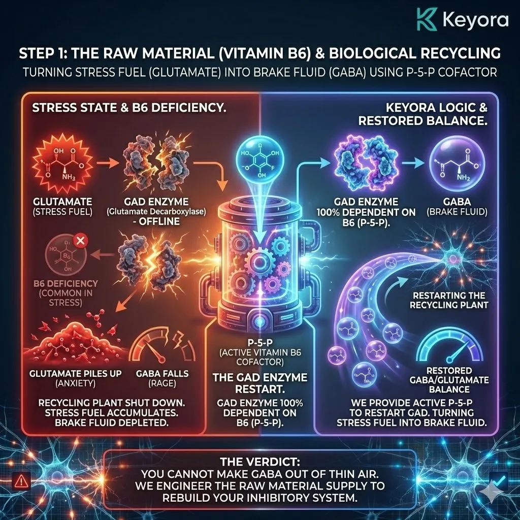 High-tech 3D render of "The GAD Recycling Plant" in the neural chassis. The visual maps the transformation of crimson Glutamate (Stress Fuel) into golden GABA (Brake Fluid). Hyper-realistic fibers show Vitamin B6 (P-5-P) as the glowing cofactor unlocking the GAD enzyme. This design illustrates the clearing of the "Glutamate Pile-up" and the restoration of inhibitory pressure, turning a state of high-voltage anxiety into executive calm. High-tech 3D render of "The GAD Recycling Plant" in the neural chassis. The visual maps the transformation of crimson Glutamate (Stress Fuel) into golden GABA (Brake Fluid). Hyper-realistic fibers show Vitamin B6 (P-5-P) as the glowing cofactor unlocking the GAD enzyme. This design illustrates the clearing of the "Glutamate Pile-up" and the restoration of inhibitory pressure, turning a state of high-voltage anxiety into executive calm.